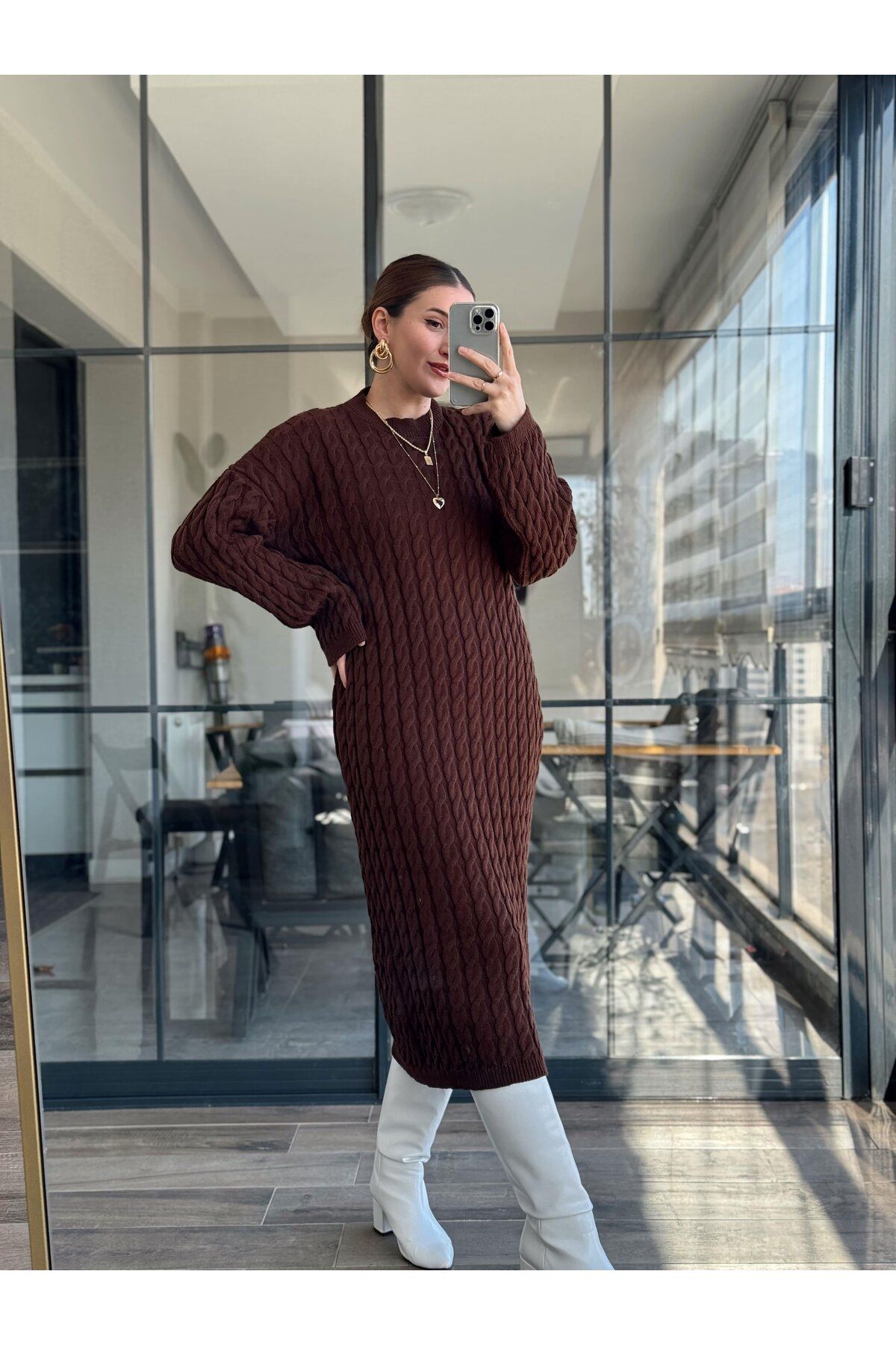 POİNE Kadın Bisiklet Yaka Saç Örgülü Triko Uzun Elbise