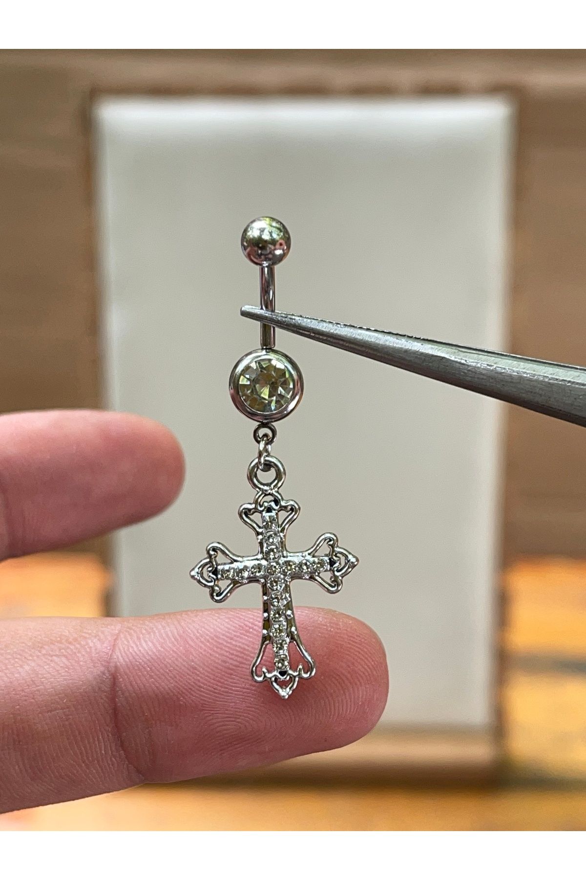Rupen Kraft 316 L Cerrahi Çelik Haç Modeli Zirkon Taşlı Göbek Piercingi