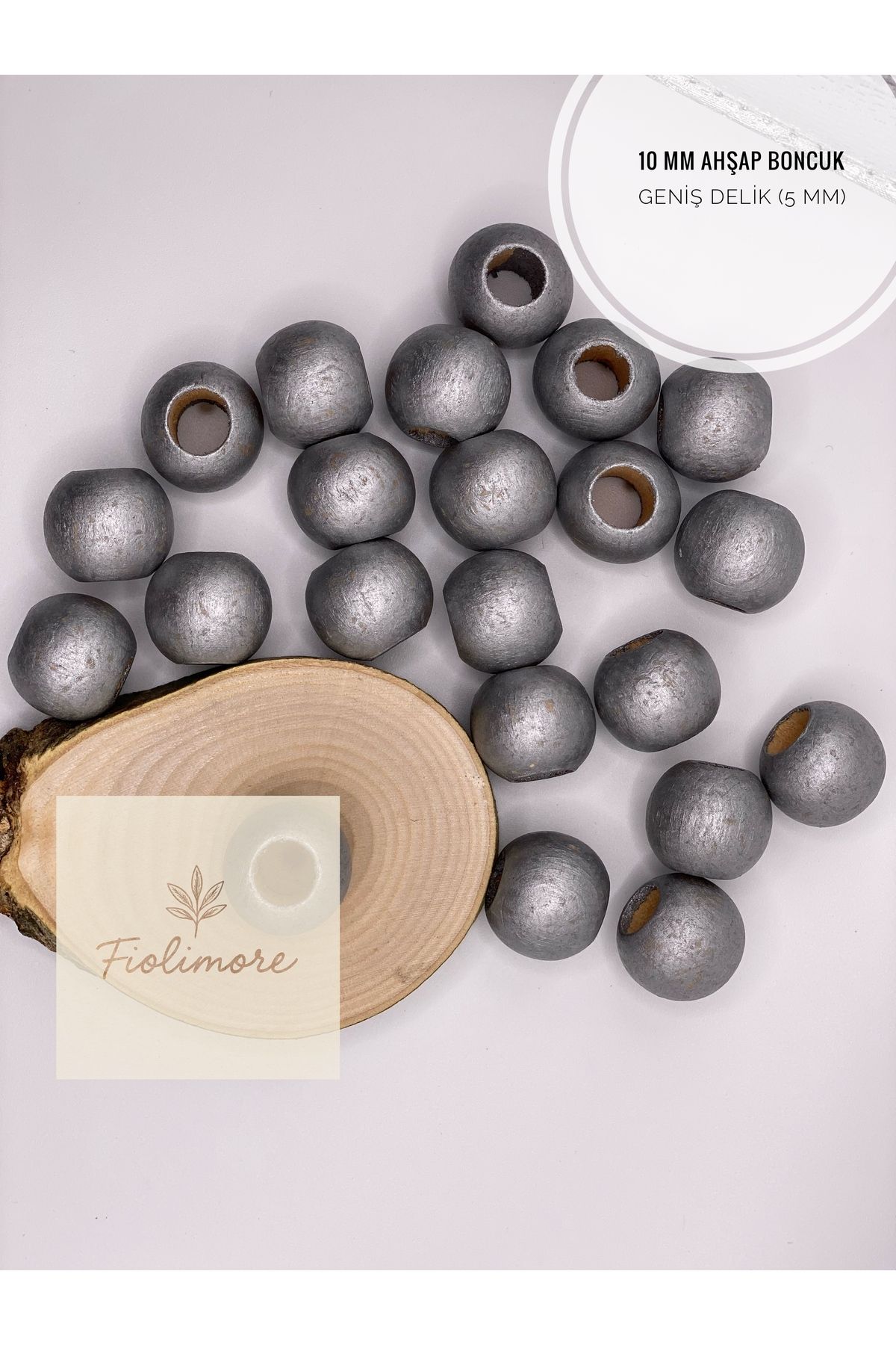 Fiolimore Gri Parlak Ahşap Boncuk 10 mm (50 Gram 155 Adet) Delik Çapı 5 mm Yuvarlak Tahta Renkli Boncuk