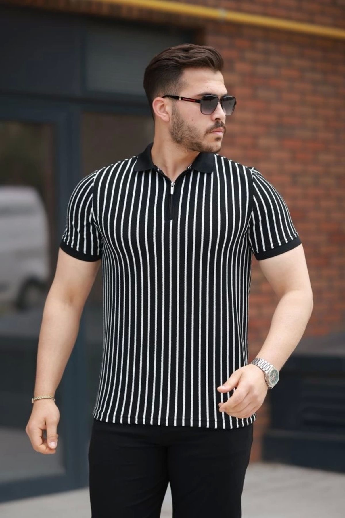 Butik Erkek çizgili Fermuar Yakalı Kısa Kollu Tişört