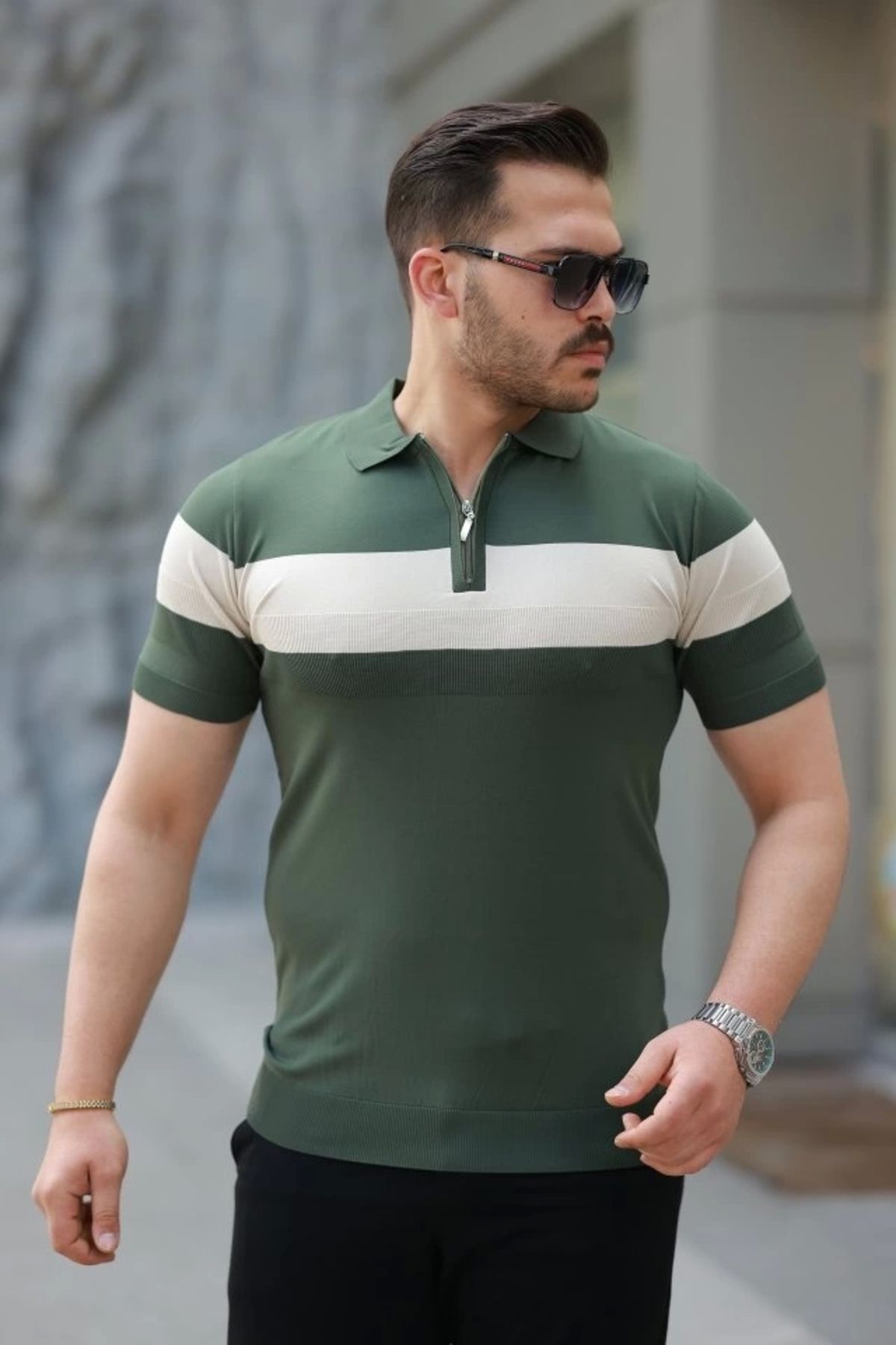 Butik Erkek Fermuar Yakalı şerit Renk Desenli Kısa Kollu Tişört