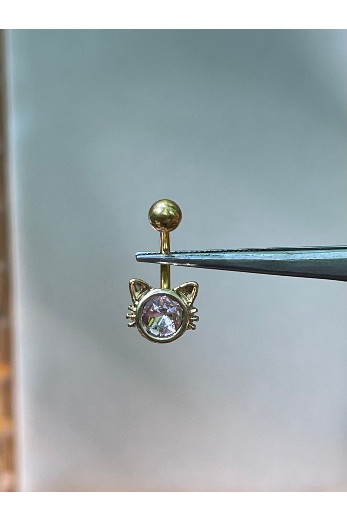 Rupen Kraft 316 L Cerrahi Çelik Pembe Kristal Taşlı Kedi Modeli Göbek Piercingi