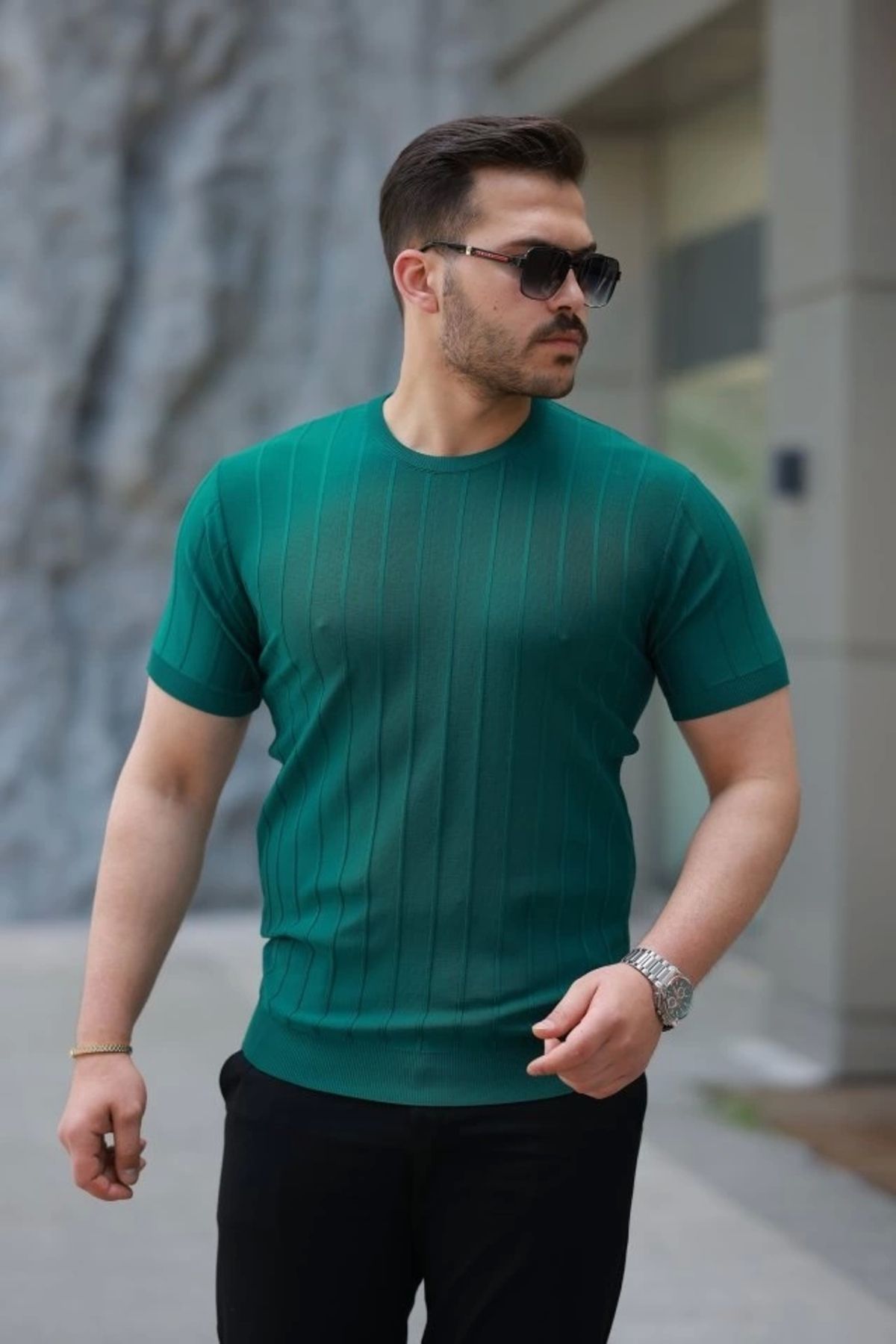 Butik Erkek Kısa Kollu Bisiklet Yaka çizgili Triko Tişört