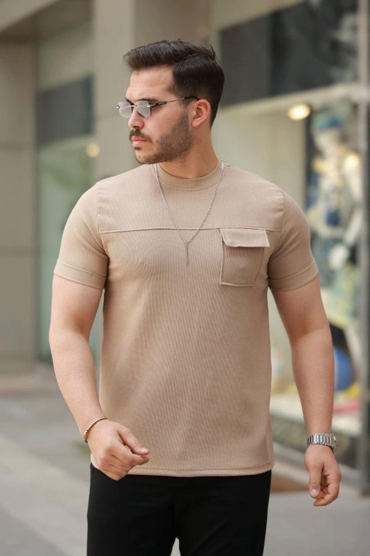 Butik Erkek Cepli Kolyeli Kısa Kollu örme Kumaş Tişört
