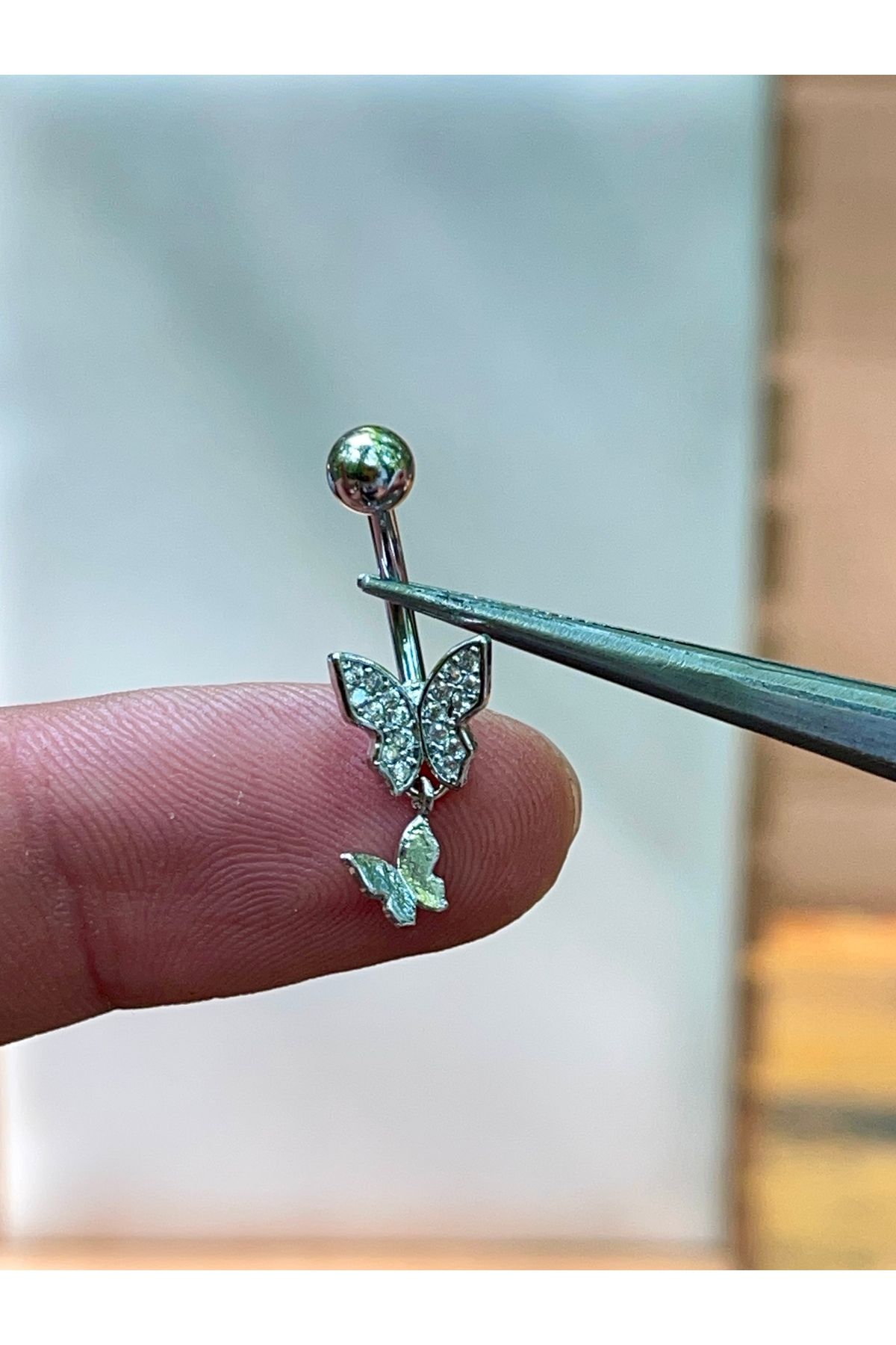 Rupen Kraft 316 L Cerrahi Çelik Kelebek Modeli Sallantılı Zirkon Taşlı Göbek Piercingi