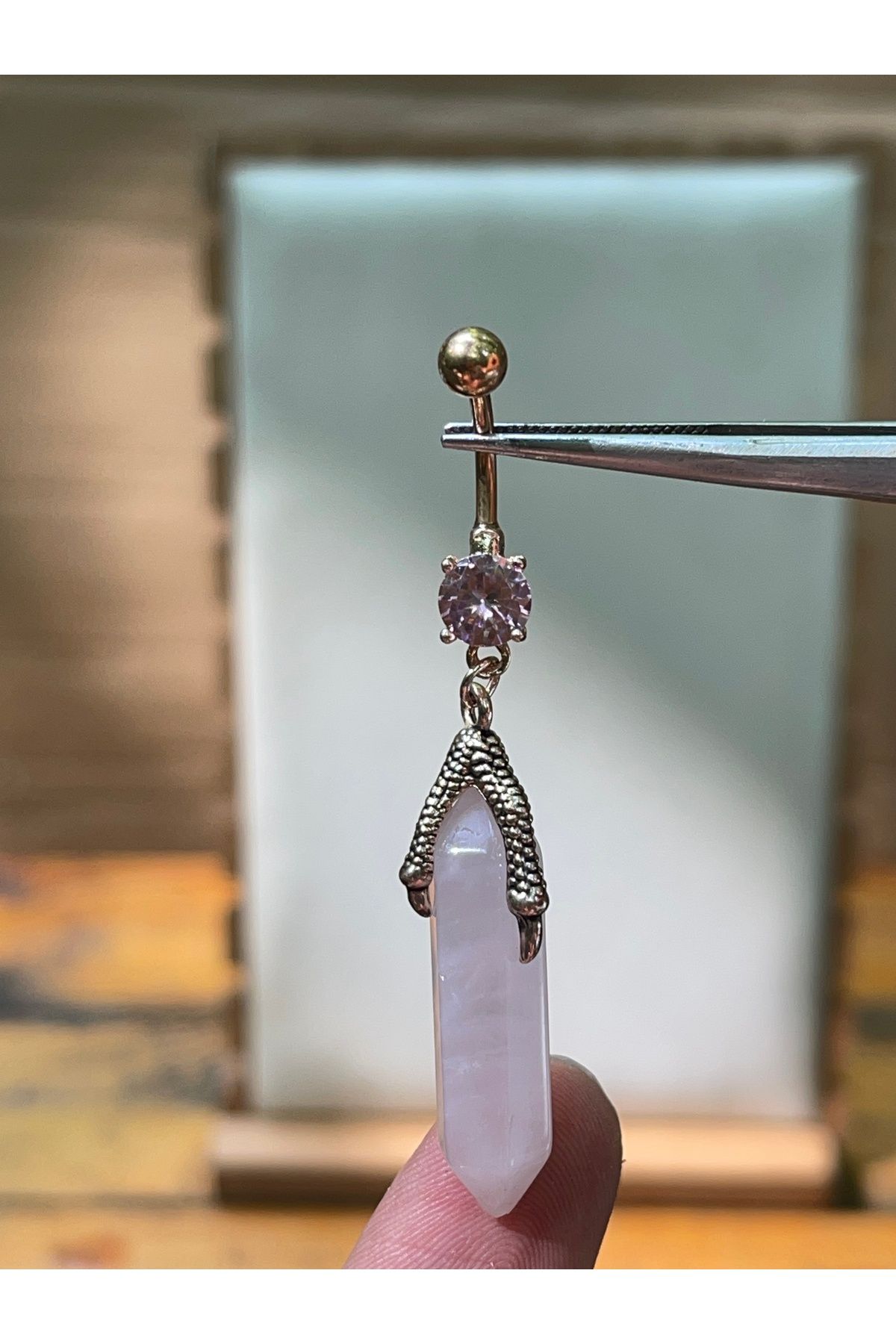 Rupen Kraft 316 L Cerrahi Çelik Pembe Zirkon ve Doğal Taşlı Pençe Modeli Göbek Piercingi