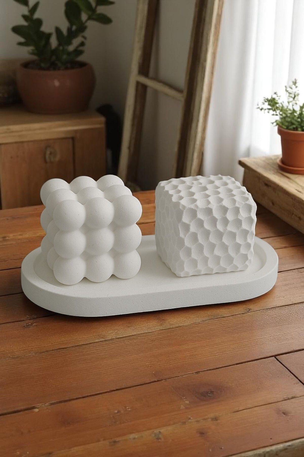 ERSE HOME Dekoratif Tabaklı Bubble ve Petek Formunda Beyaz Renk Beton 3' lü Dekoratif Set