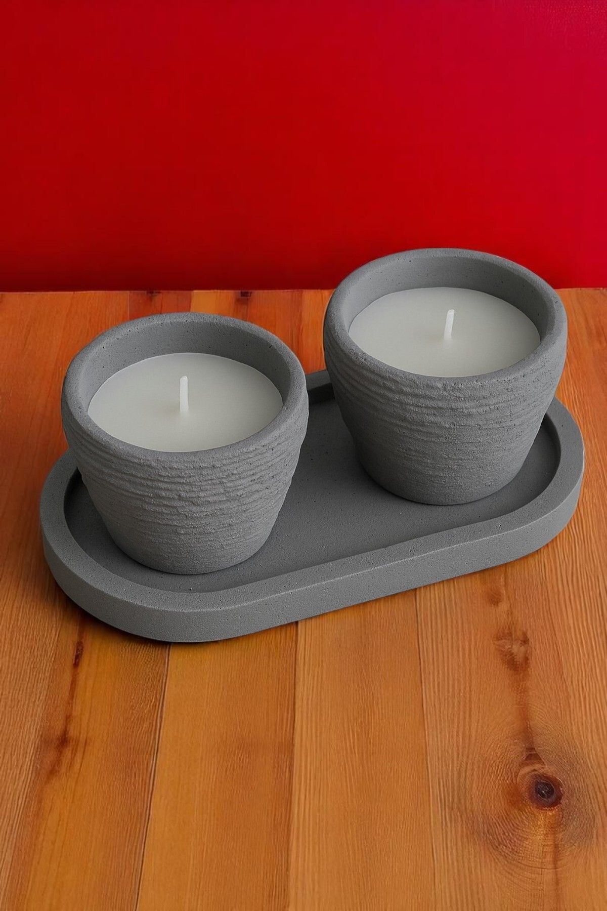 ERSE HOME Dekoratif Tabak ve Hasır Formunda Kase İçinde Mum, Gri Renk Beton Dekoratif 3' lü Set