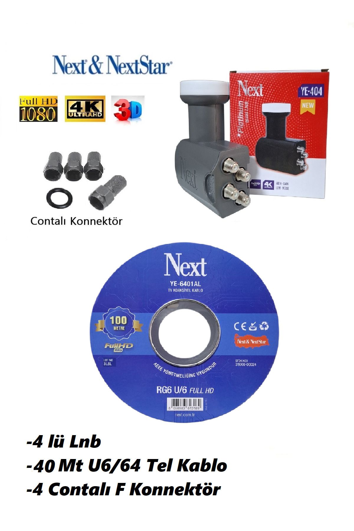 ANKTEK 40 Metre Anten Kablosu (Next) 3D 4K + Dörtlü 4 lü LNB YE- 404 (Yeni Seri) + 4 Contalı F Konnektör