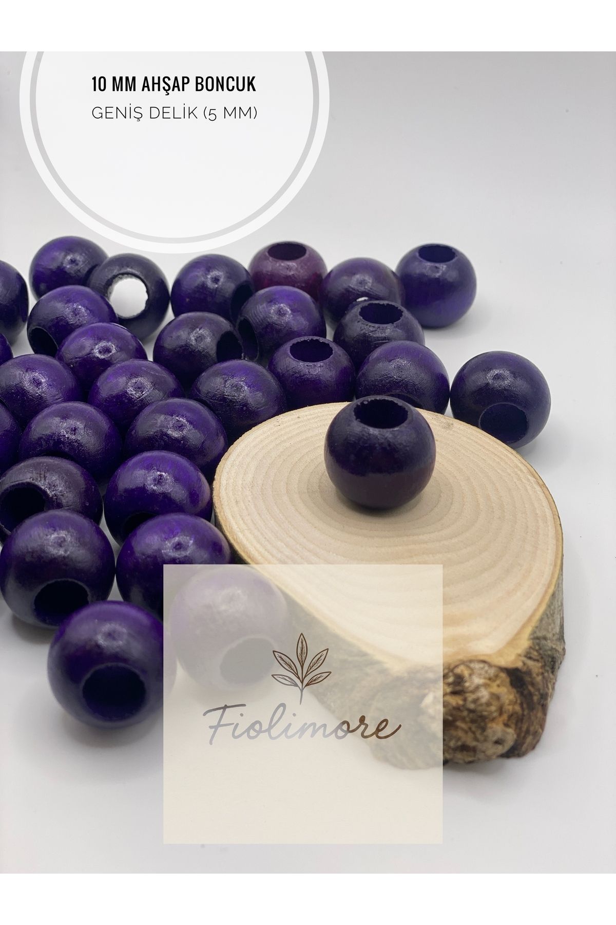 Fiolimore Mor Ahşap Boncuk 10 mm (50 Gram 155 Adet) Delik Çapı 5 mm Yuvarlak Tahta Renkli Boncuk