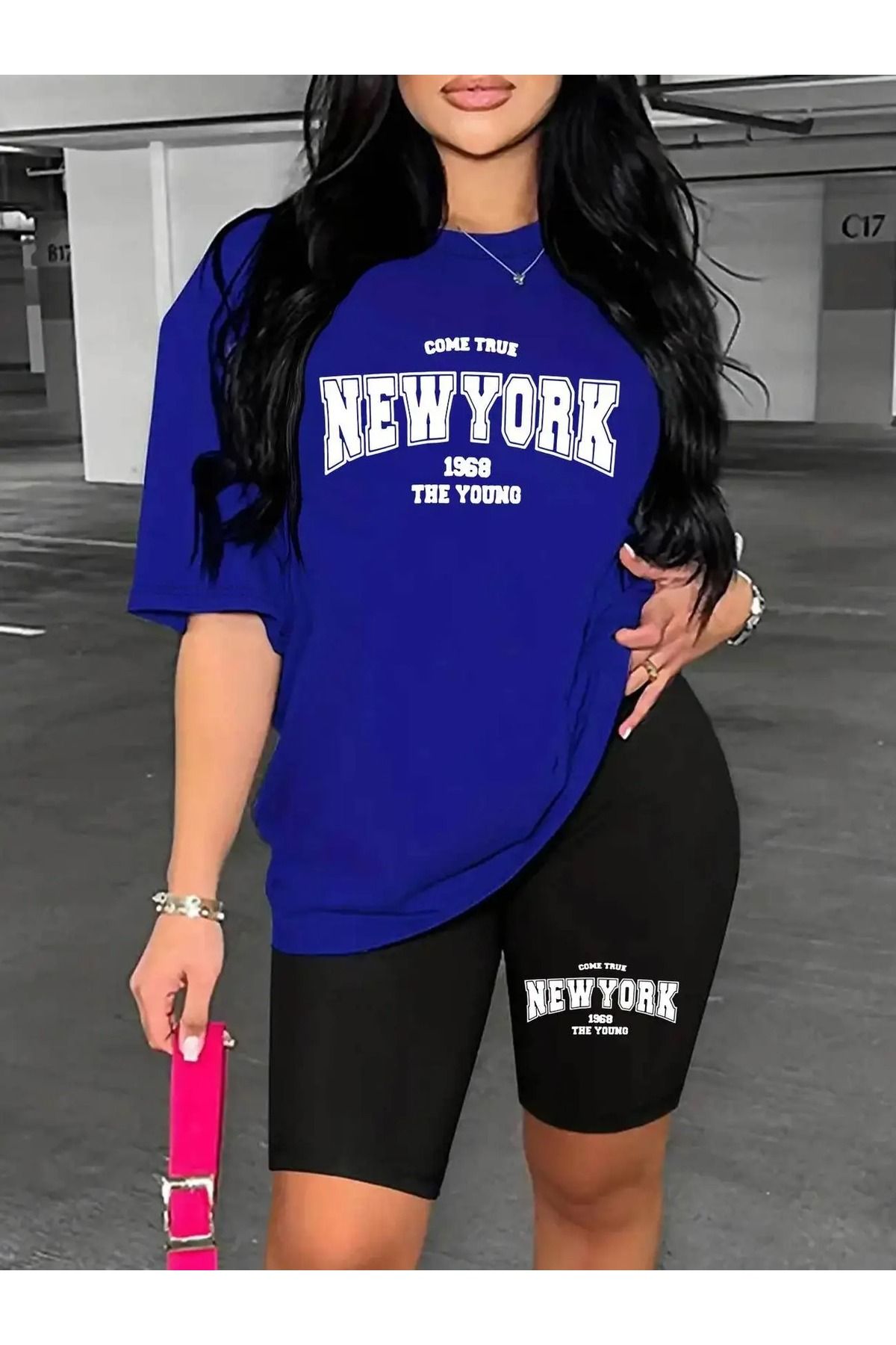 WOODROFFE Kadın New York Baskılı T-shirt, Scuba Dalgıç Kısa Tayt Takım ( Tayt Tişört Takım )