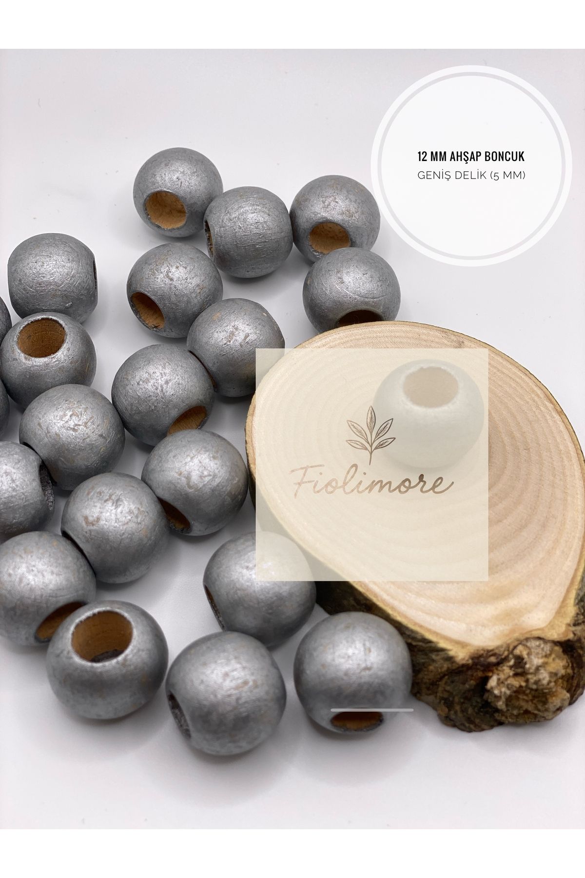 Fiolimore Gri Parlak Ahşap Boncuk 12 mm (50 Gram 105 Adet) Delik Çapı 5 mm Yuvarlak Tahta Renkli Boncuk