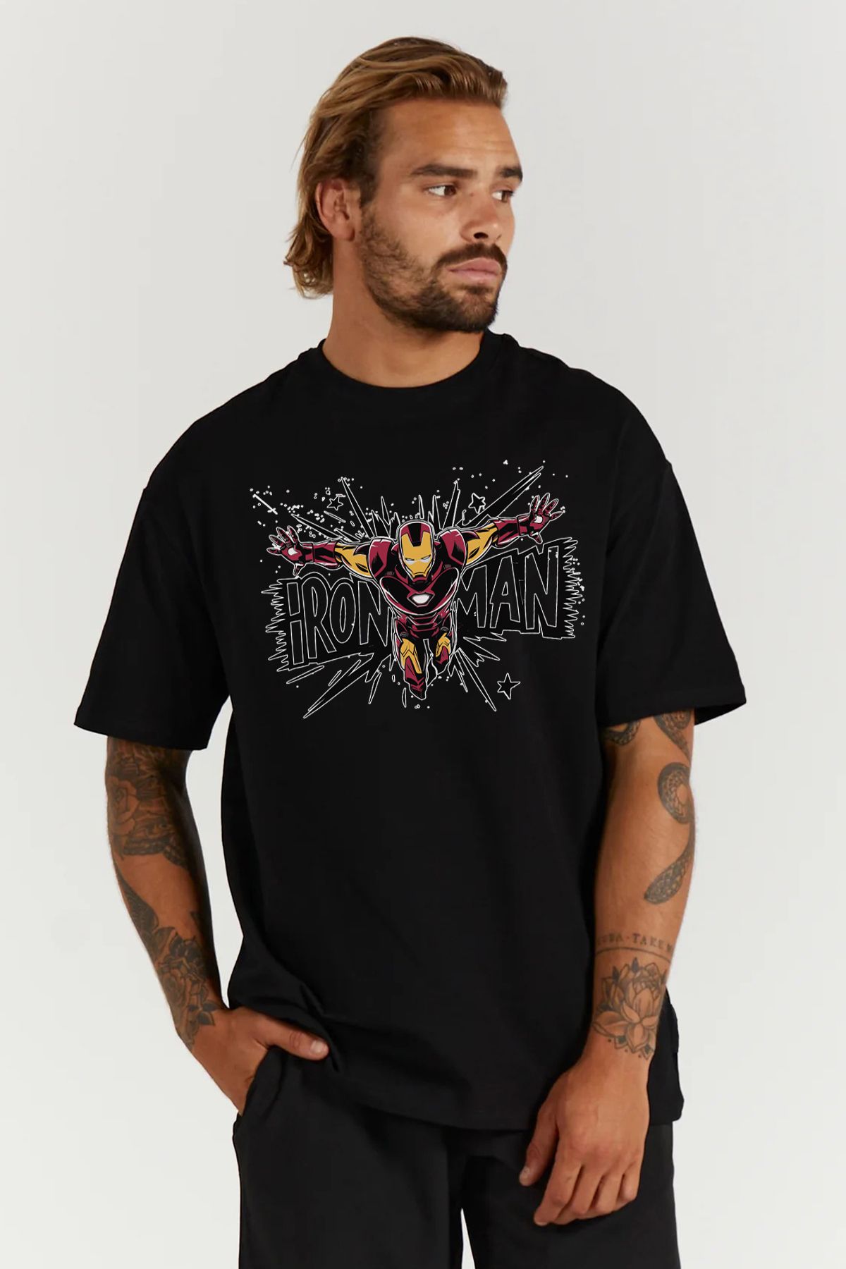 MODA iron Man Tony Stark Baskılı Oversize Kalıp Siyah Geniş Bol Kesim Erkek Tişört