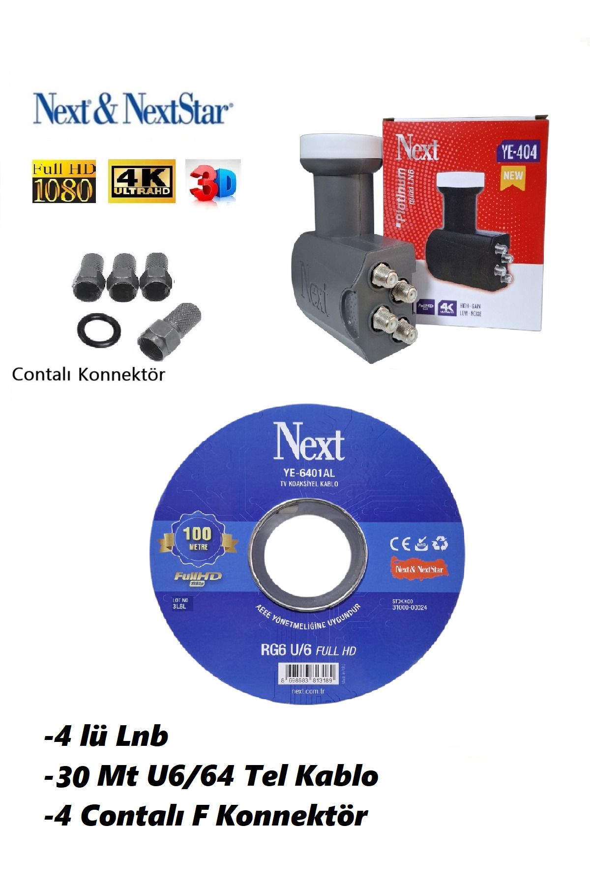 ANKTEK 30 Metre Anten Kablosu 3D 4K + 4 lü LNB YE- 404 (Yeni Seri) + 4 Contalı F Konnektör (NEXT)