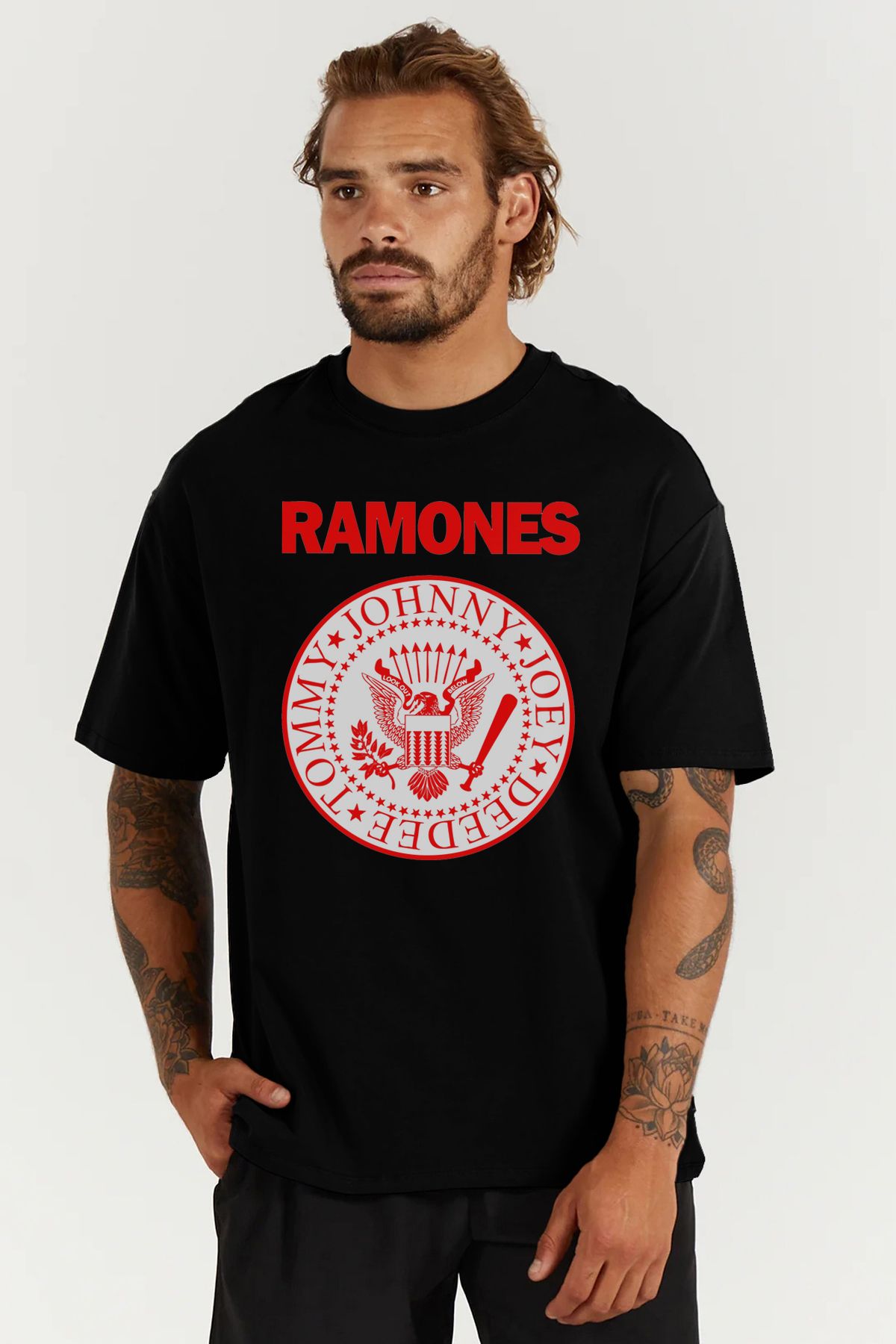 MODA Ramones Punk Rock Baskılı Oversize Kalıp Siyah Geniş Bol Kesim Erkek Tişört