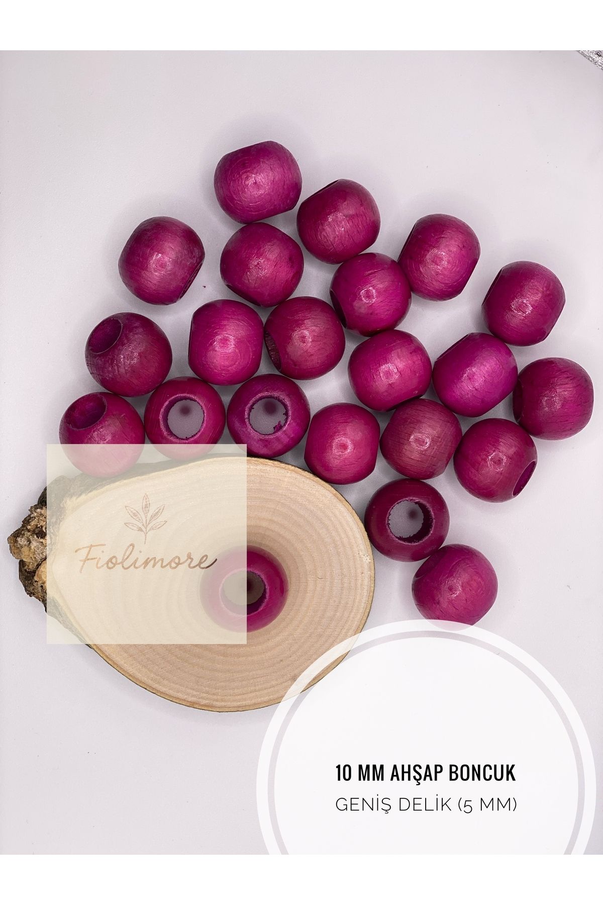 Fiolimore Fuşya Pembe Ahşap Boncuk 10 mm (50 Gram 155 Adet) Delik Çapı 5 mm Yuvarlak Tahta Renkli Boncuk