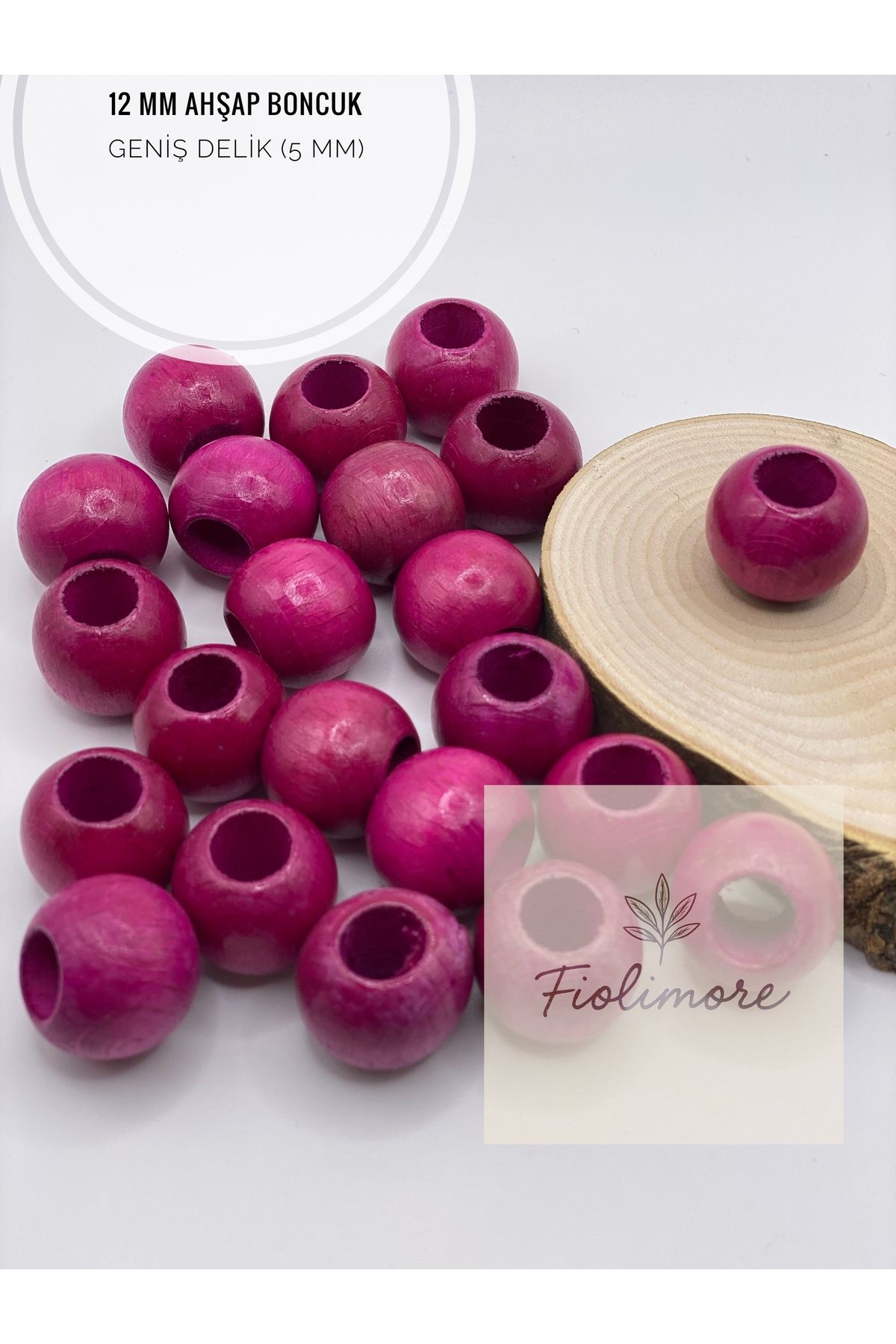 Fiolimore Fuşya Pembe Ahşap Boncuk 12 mm (50 Gram 105 Adet) Delik Çapı 5 mm Yuvarlak Tahta Renkli Boncuk