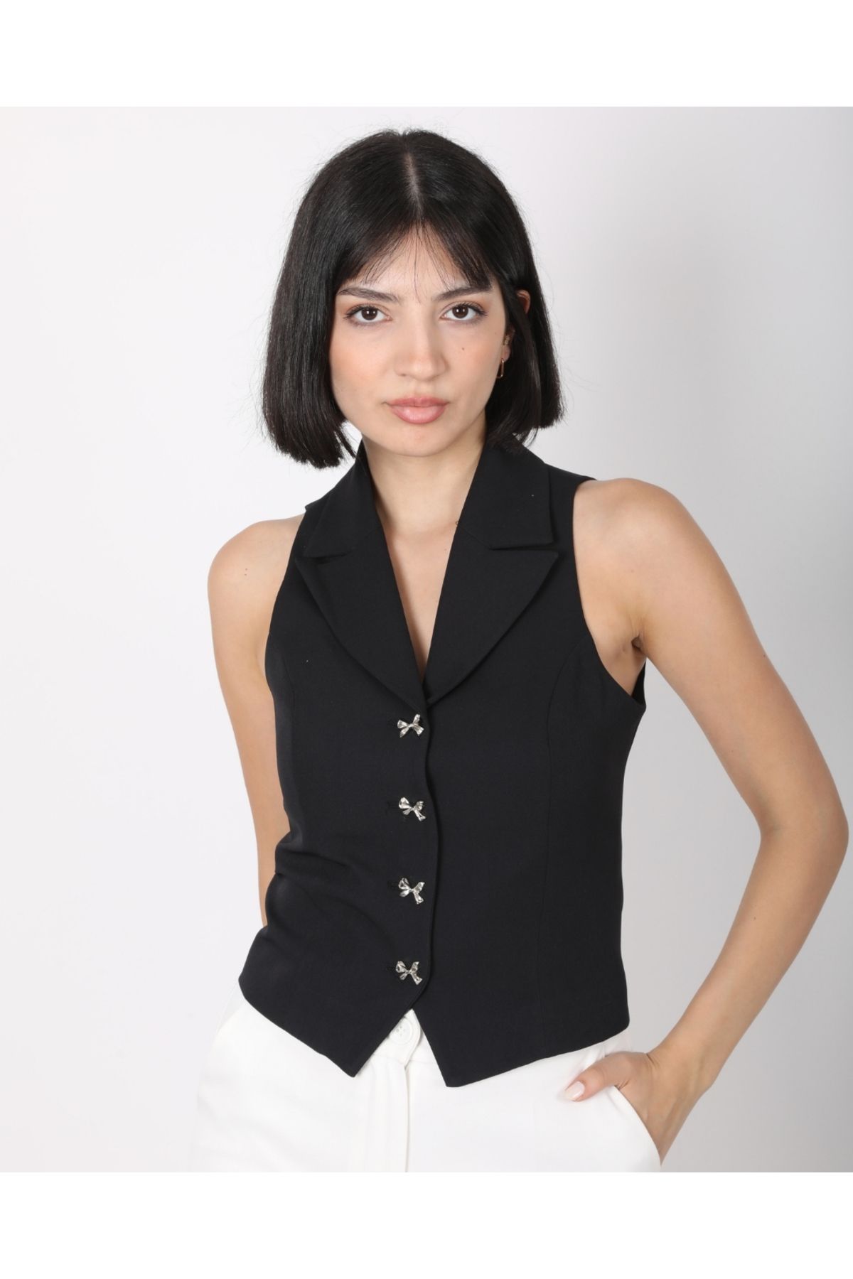 DEQ FASHION Kadın Siyah Fiyonk Düğmeli Blazer Yelek
