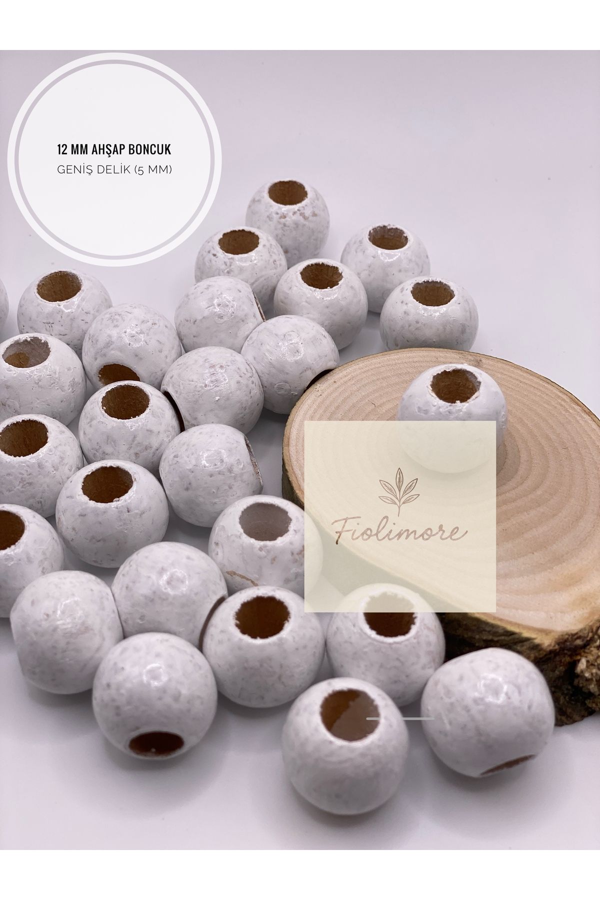 Fiolimore Beyaz Ahşap Boncuk 12 mm (50 Gram 105 Adet) Delik Çapı 5 mm Yuvarlak Tahta Renkli Boncuk