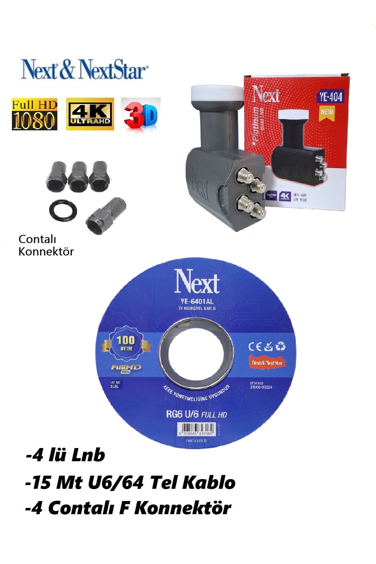 ANKTEK 15 Metre Anten Kablosu Full HD 3D 4K + 4 lü LNB YE- 404 (Yeni Seri) + 4 Contalı F Konnektör