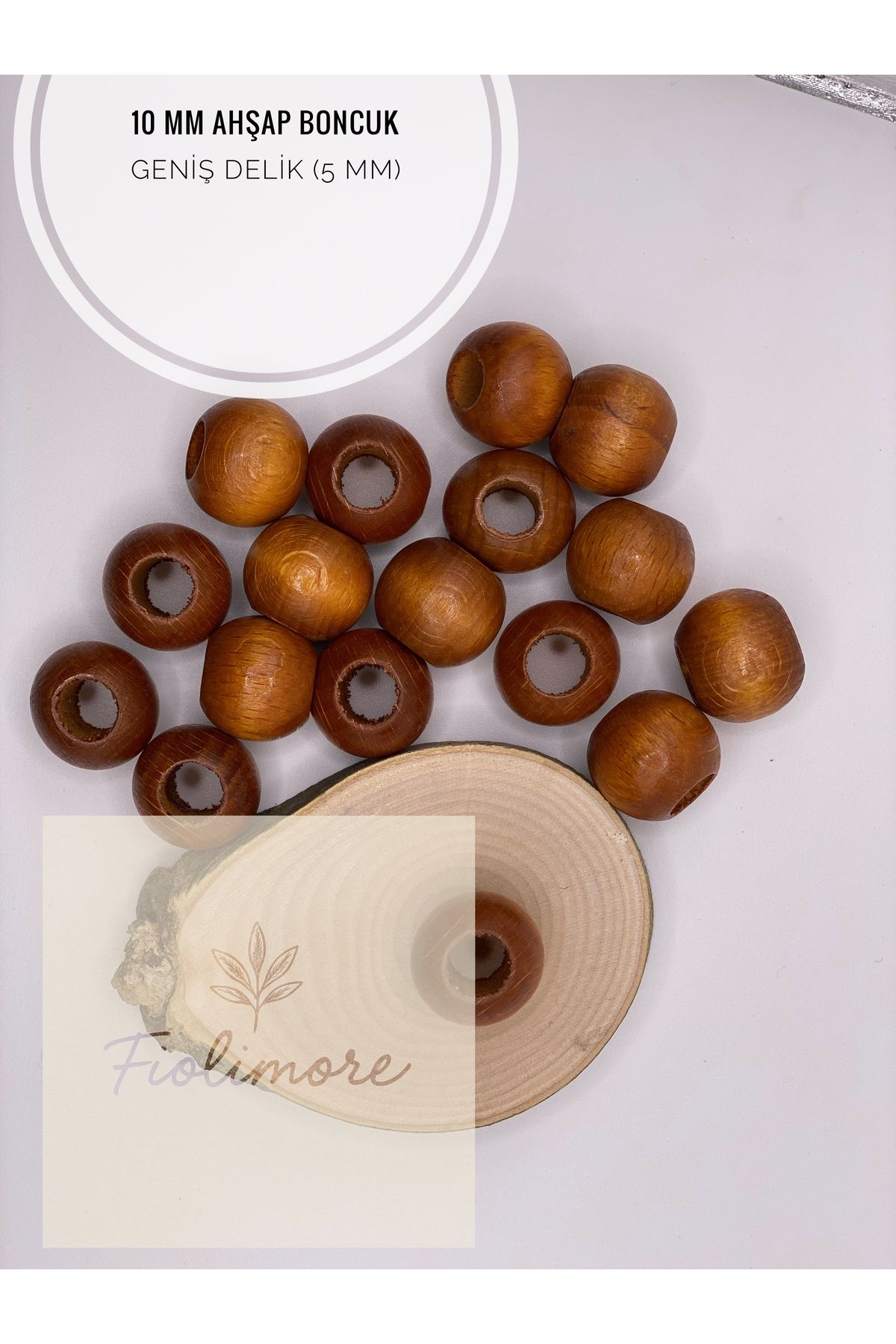 Fiolimore Taba Kahve Ahşap Boncuk 10 mm (50 Gram 155 Adet) Delik Çapı 5 mm Yuvarlak Tahta Renkli Boncuk