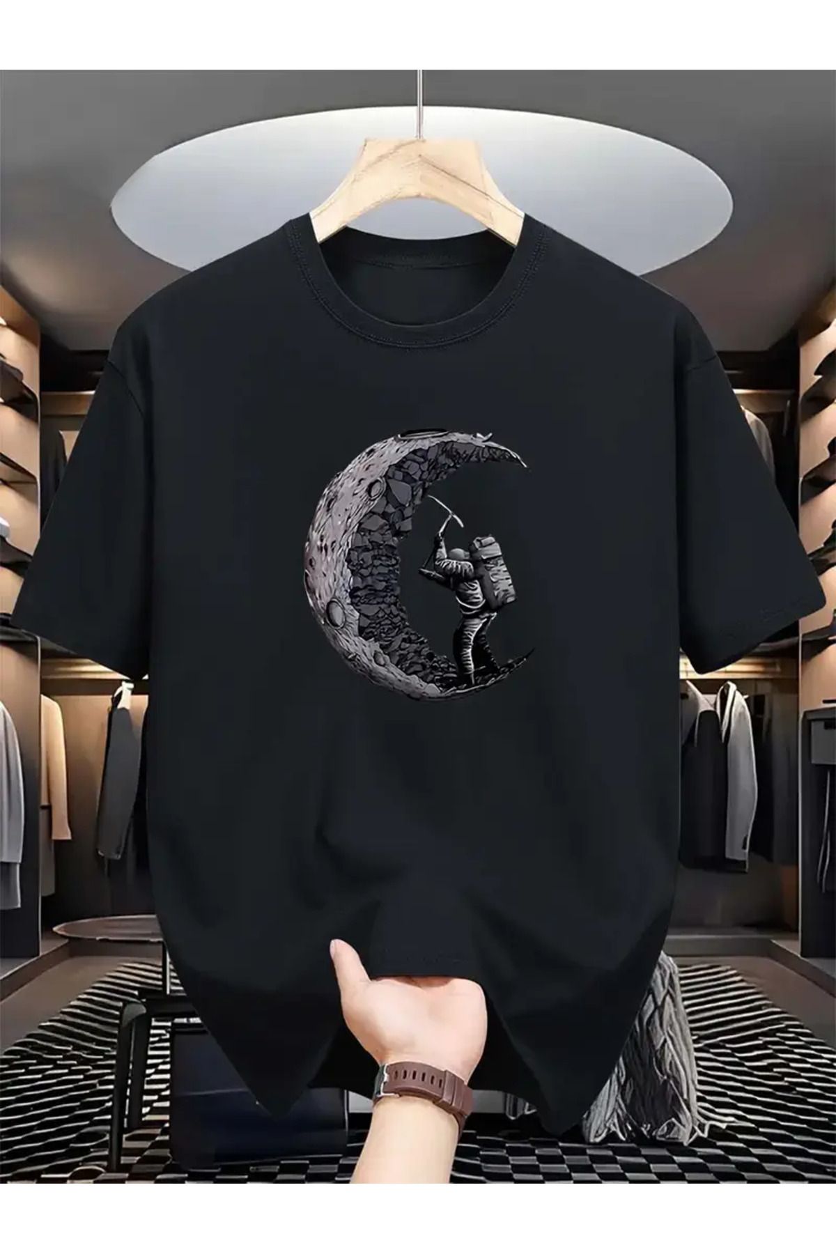 AEMİ Unisex Moon Digger Baskılı Oversize Bisiklet Yaka T-shirt
