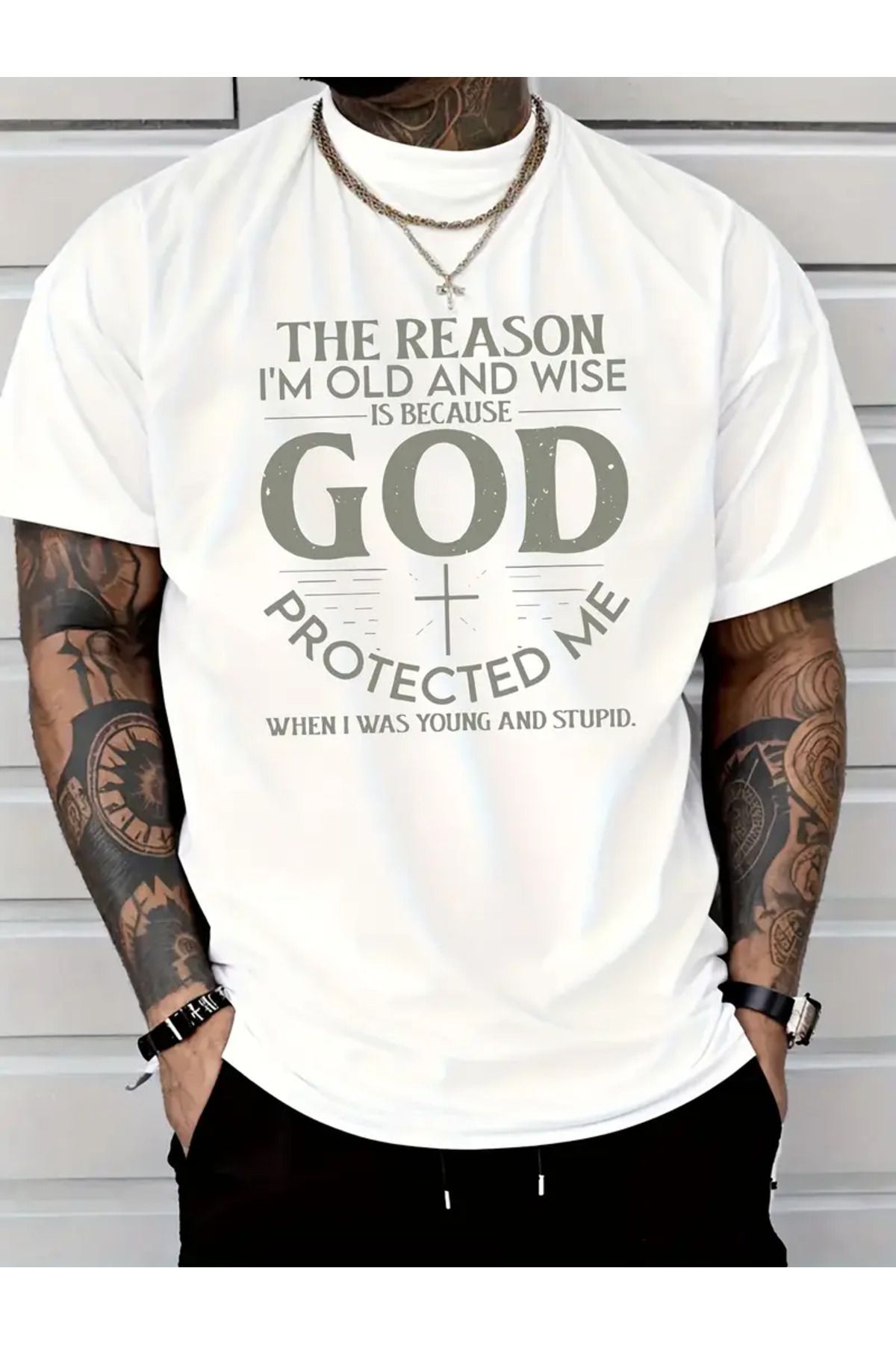AEMİ Unisex God Protected Me Baskılı Oversize Bisiklet Yaka T-shirt