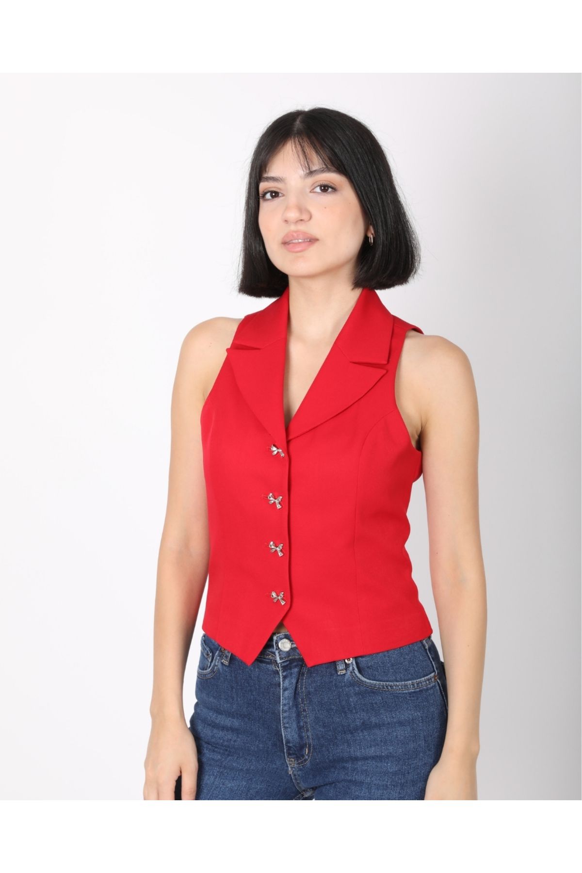 DEQ FASHION Kadın Kırmızı Fiyonk Düğmeli Blazer Yelek