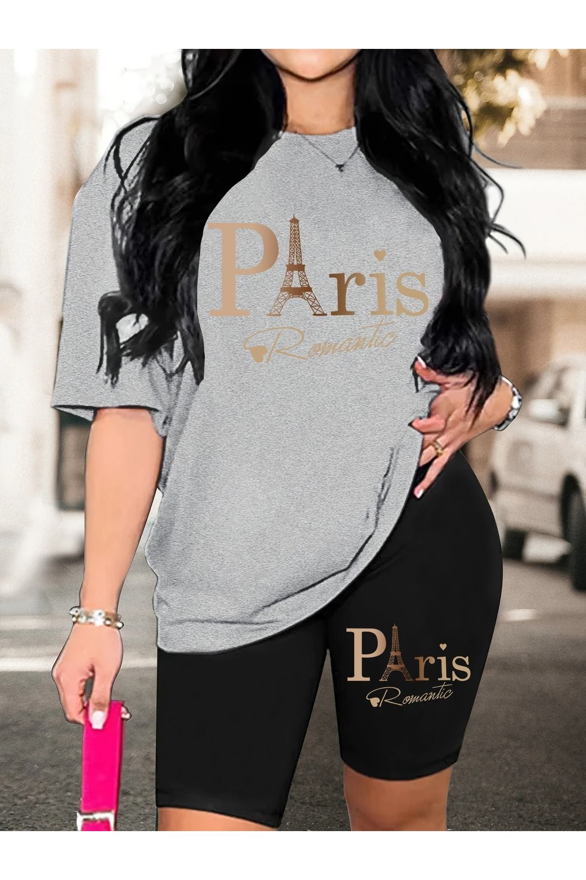 WOODROFFE Kadın Paris Romantik Baskılı T-shirt, Scuba Dalgıç Kısa Tayt ( Tayt Tişört Takım )