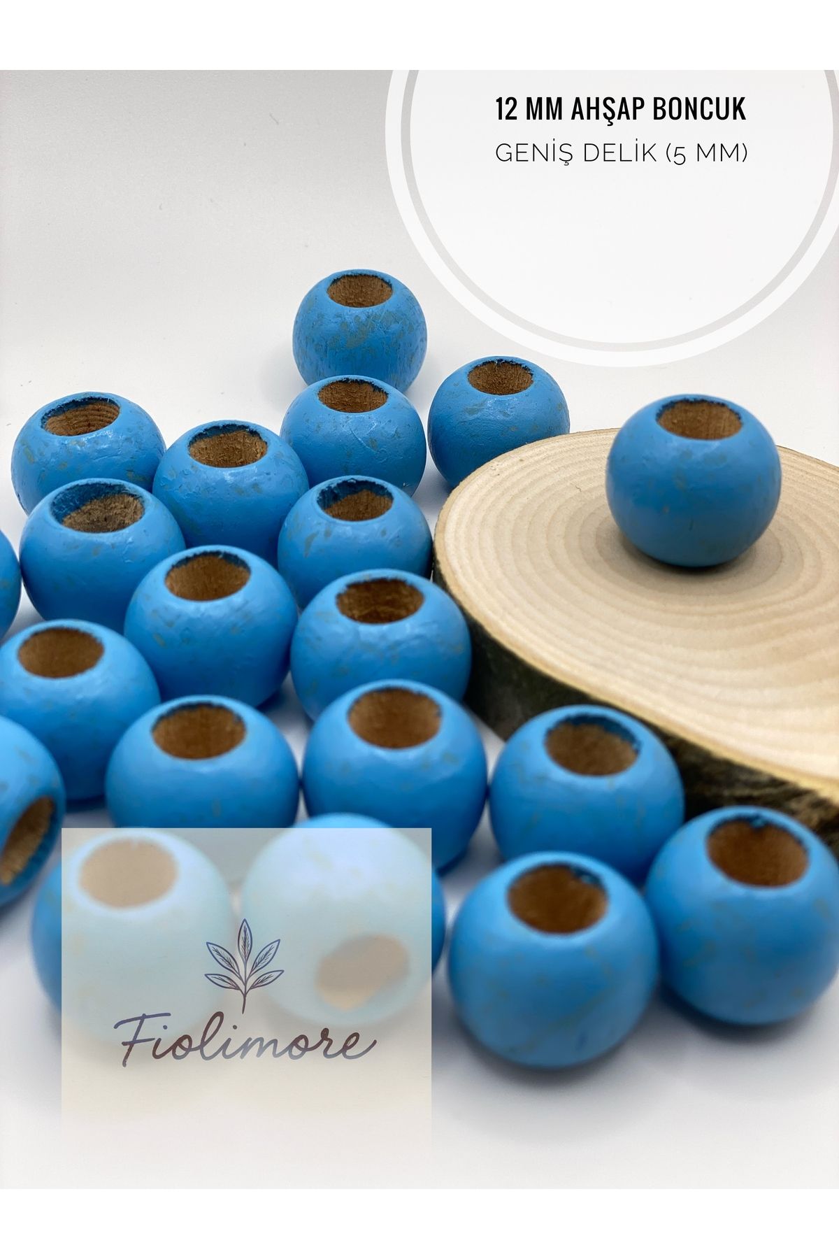 Fiolimore Mavi Ahşap Boncuk 12 mm (50 Gram 105 Adet) Delik Çapı 5 mm Yuvarlak Tahta Renkli Boncuk Geniş Delik