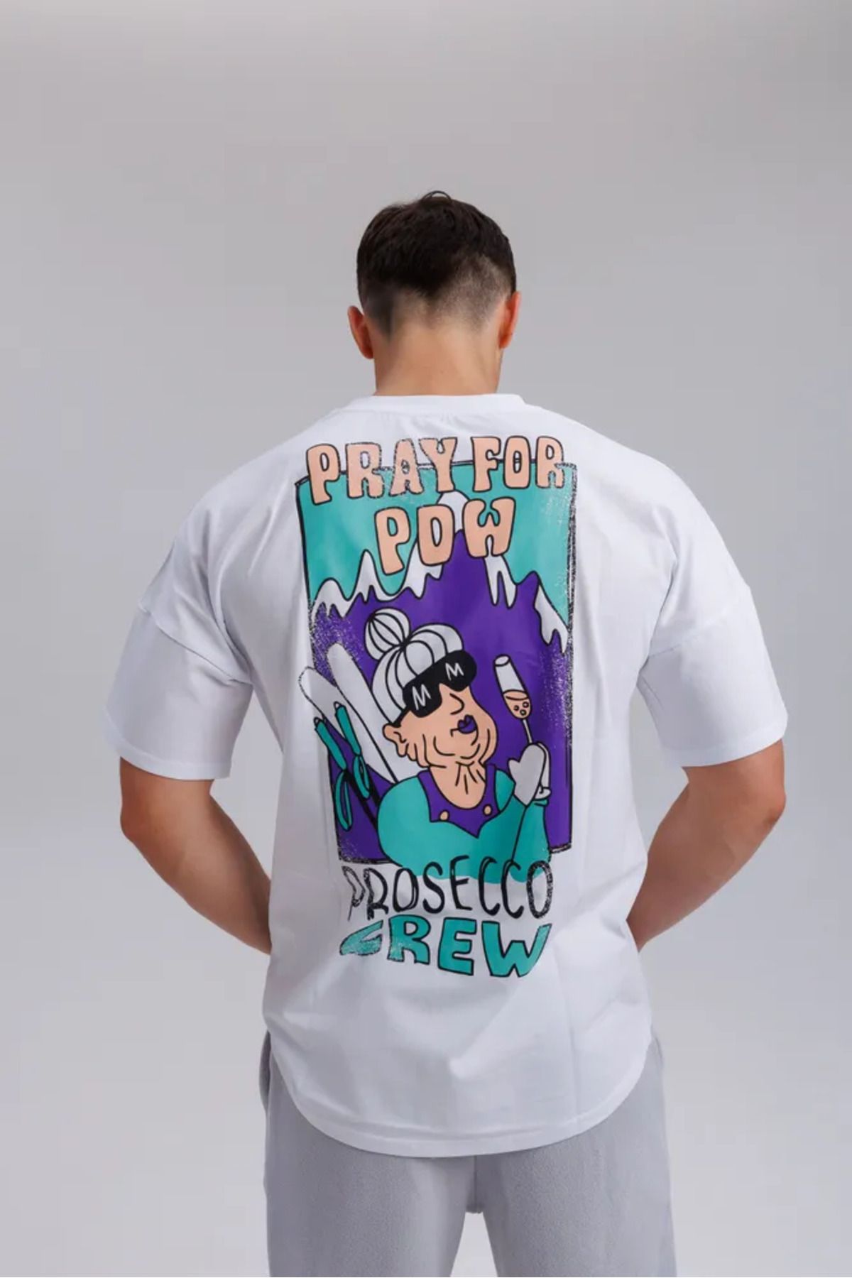 ELNOYA Unisex Pamuklu Beyaz Oversize "Pray For Pow" Baskılı Bisiklet Yaka Rahat Günlük T-shirt