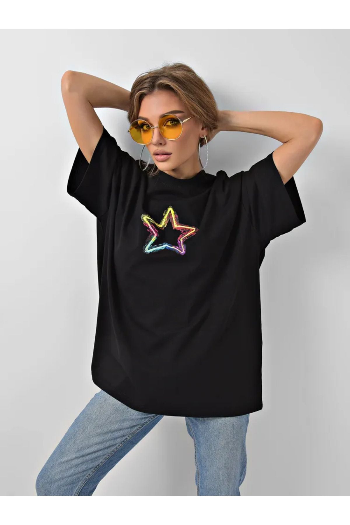 ELNOYA Unisex Pamuklu Beyaz Oversize "Yıldız" Baskılı Bisiklet Yaka Rahat Günlük T-shirt