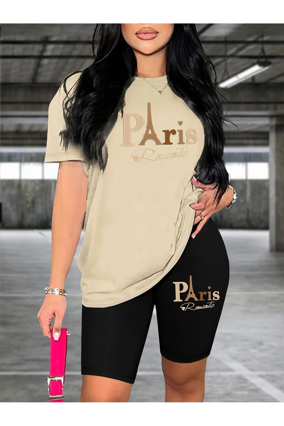WOODROFFE Kadın Paris Romantik Baskılı T-shirt, Scuba Dalgıç Kısa Tayt ( Tayt Tişört Takım )