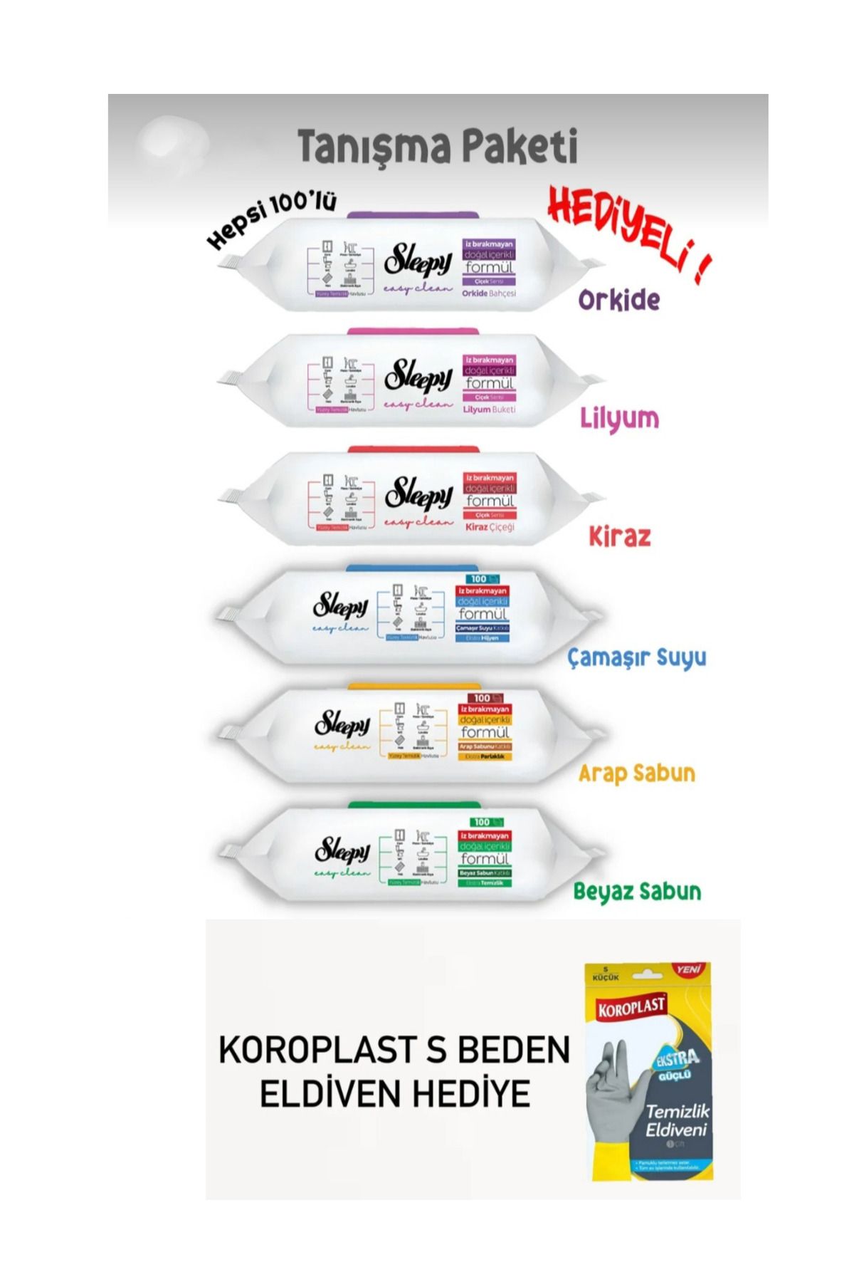 Sleepy Mega tanışma paketi 100'lü yüzey temizlik havluları ve koroplast eldiven hediyeli