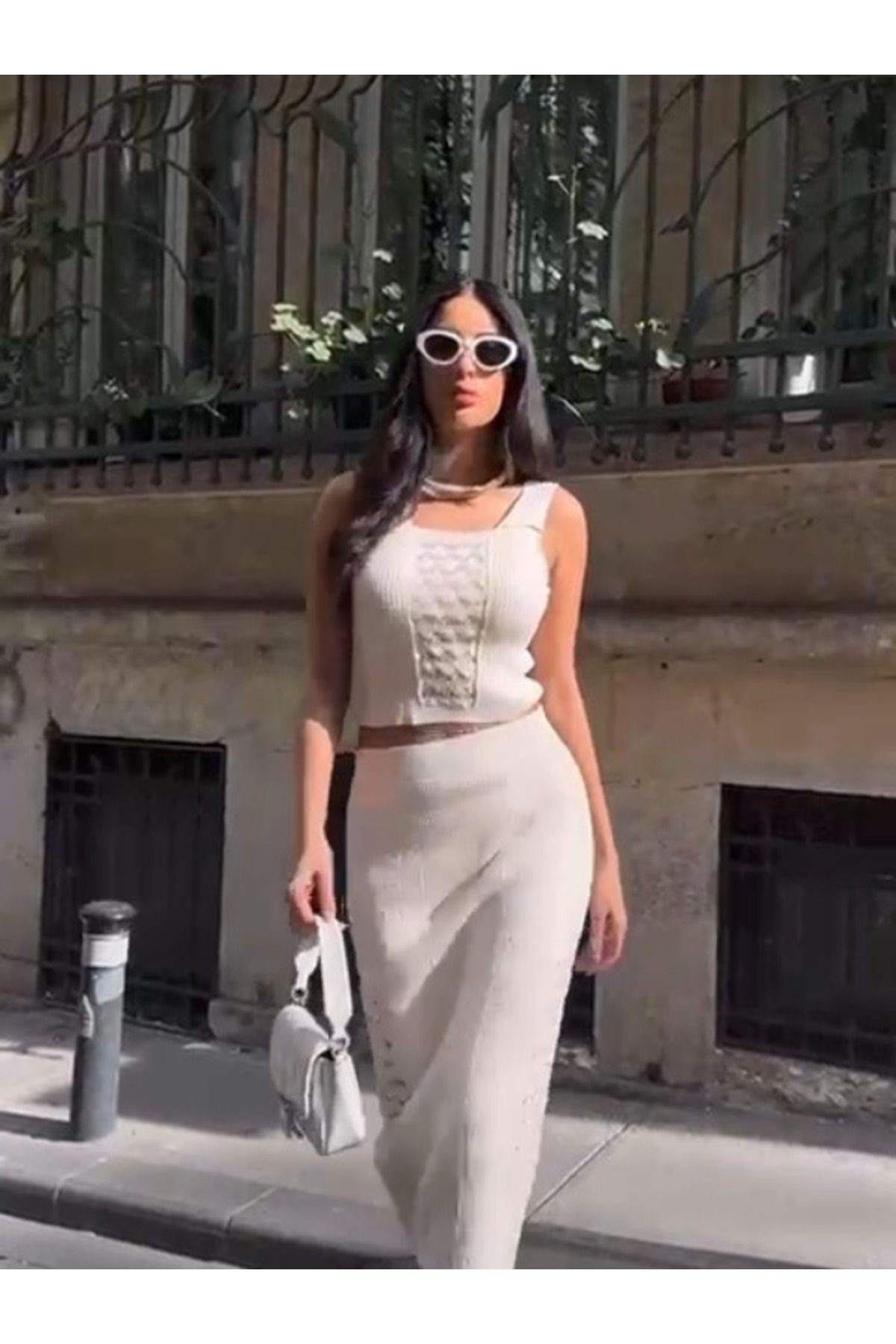 Scrabom Kadın Kalın Askılı Beyaz Triko İkili Takım Plaj Elbise