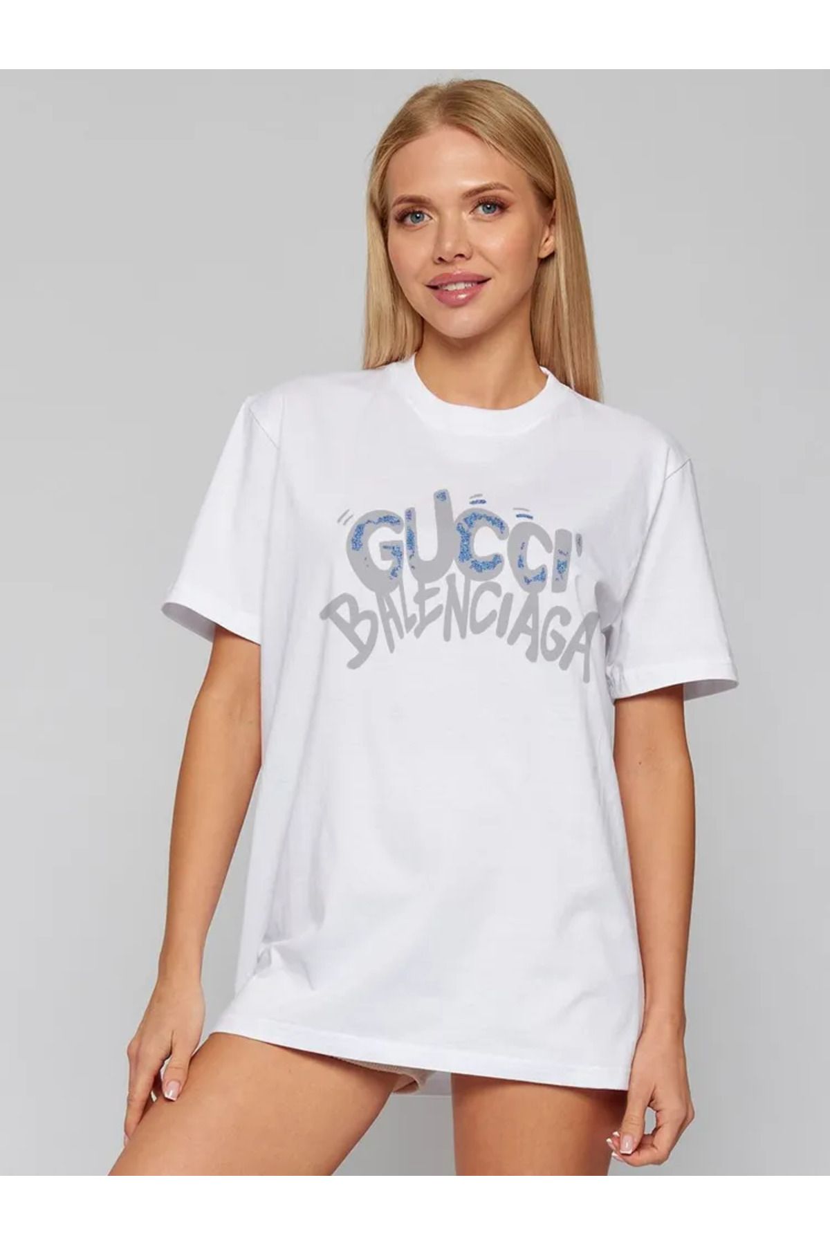 ELNOYA Unisex Pamuklu Beyaz Oversize "Gucci Balenciyaga" Baskılı Bisiklet Yaka Rahat Günlük T-shirt