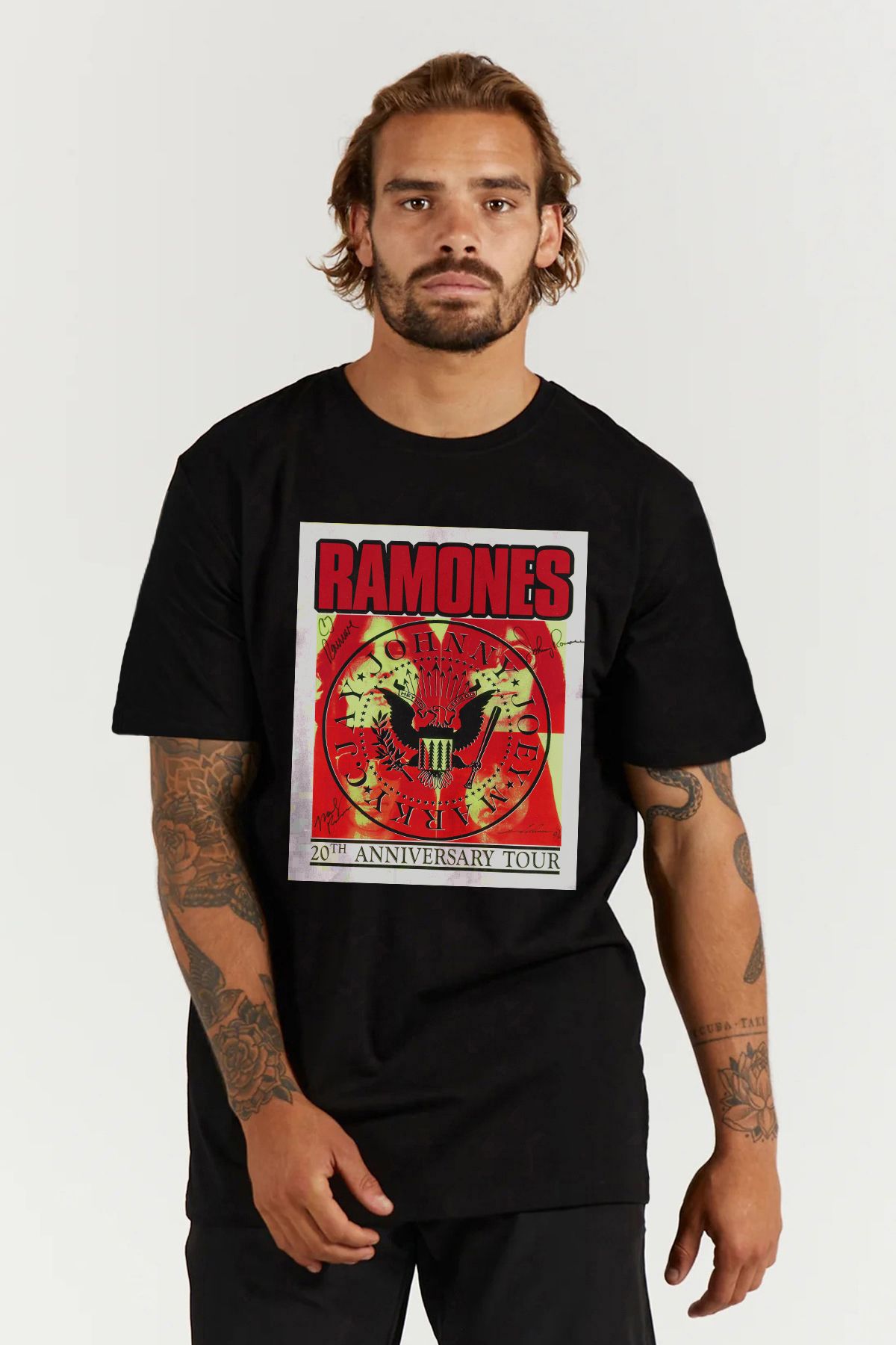 MODA Ramones Punk Rock Baskılı Oversize Kalıp Siyah Geniş Bol Kesim Erkek Tişört