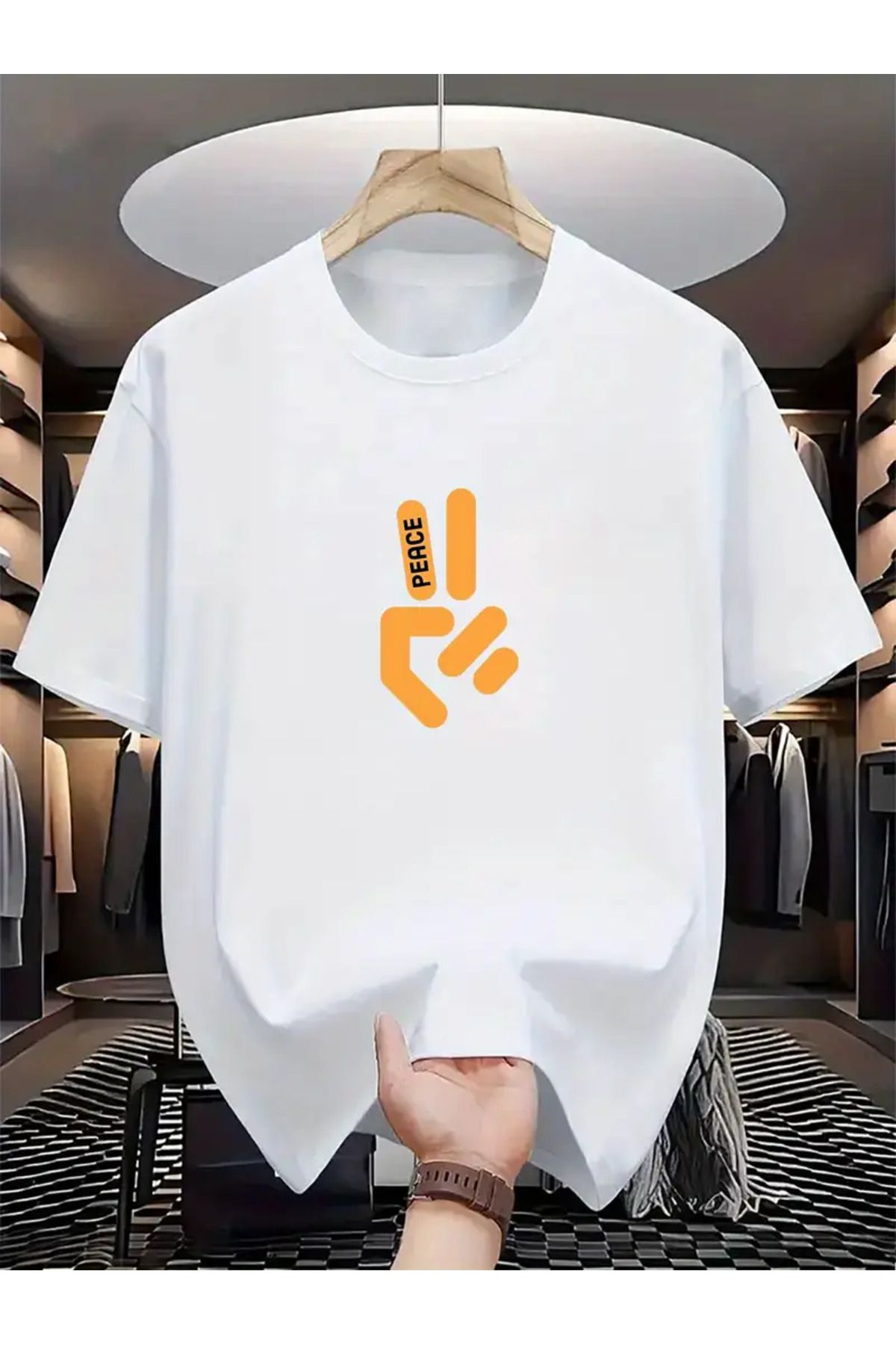 AEMİ Unisex Peace Baskılı Oversize Bisiklet Yaka T-shirt