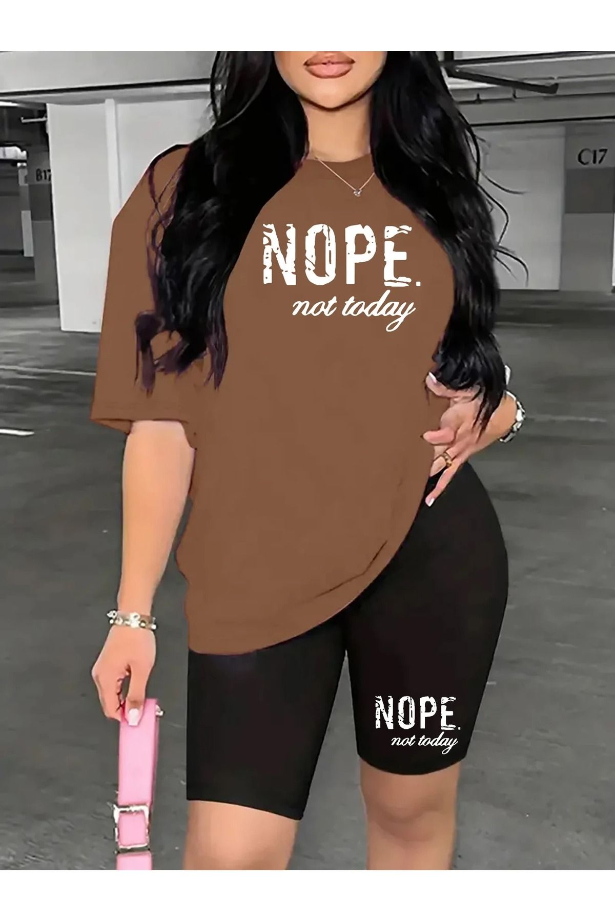 WOODROFFE Kadın NOPE. not today Baskılı T-shirt, Scuba Dalgıç Kısa Tayt ( Tayt Tişört Takım )