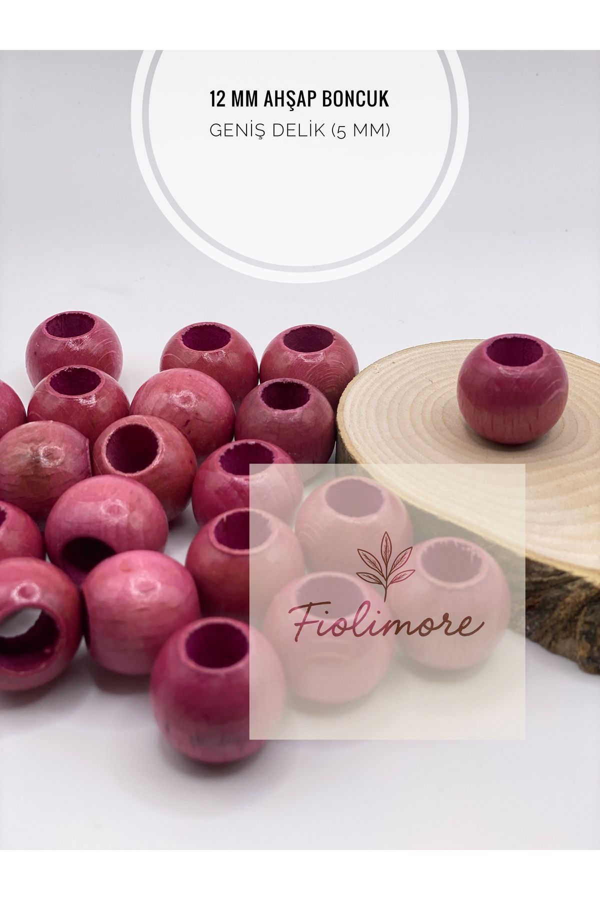 Fiolimore Pudra Pembe Ahşap Boncuk 12 mm (50 Gram 105 Adet) Delik Çapı 5 mm Yuvarlak Tahta Renkli Geniş Delik
