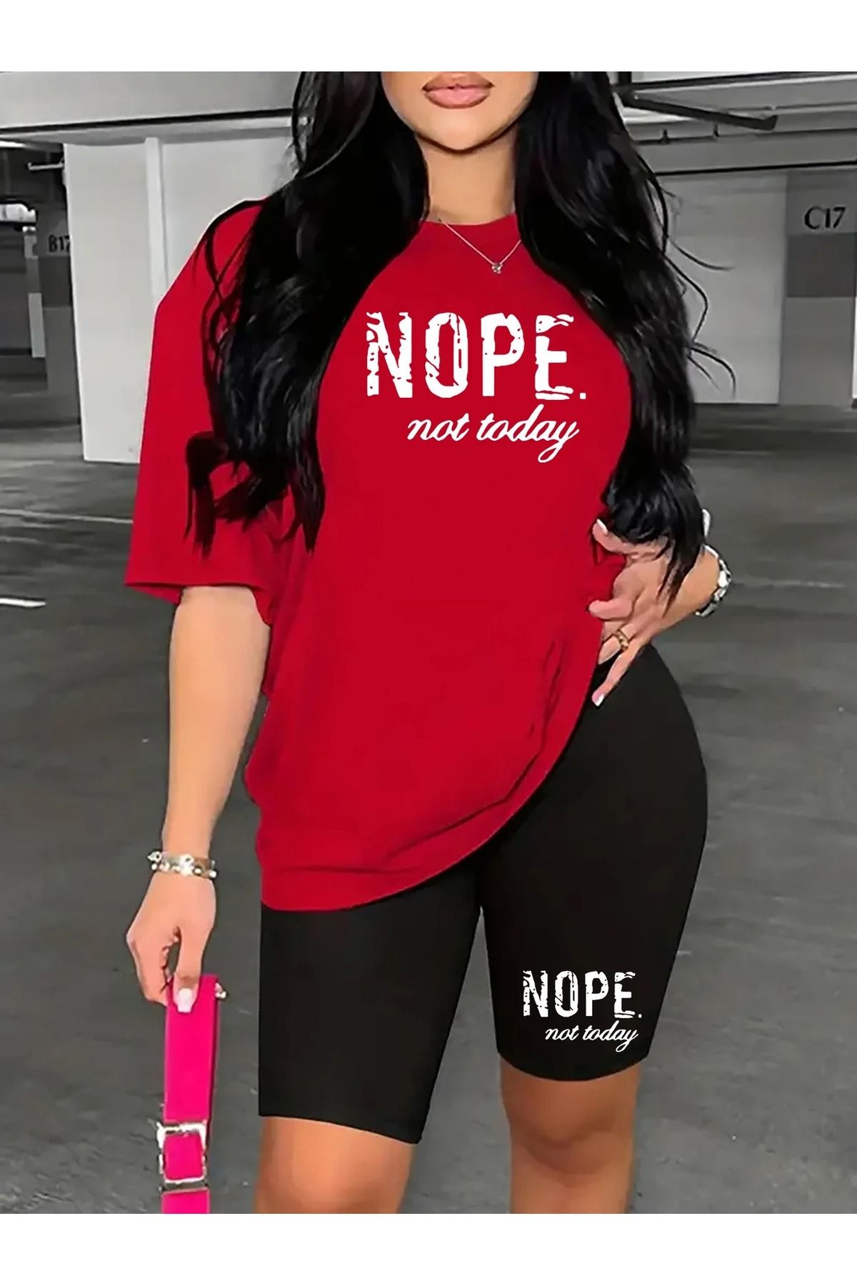 WOODROFFE Kadın NOPE. not today Baskılı T-shirt, Scuba Dalgıç Kısa Tayt ( Tayt Tişört Takım )