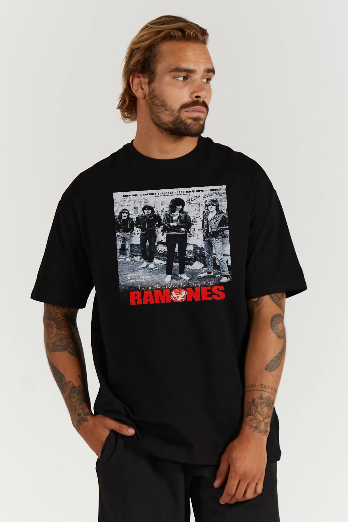 MODA Ramones Punk Rock Baskılı Oversize Kalıp Siyah Geniş Bol Kesim Erkek Tişört