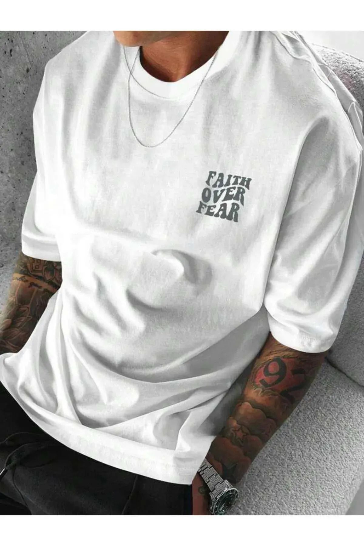 Koklonmoda Unisex Faıth Over Fear Baskılı Oversize T-Shirt