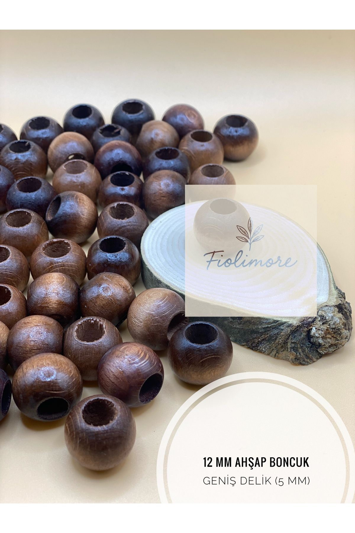 Fiolimore Kahverengi Ahşap Boncuk 12 mm (50 Gram 105 Adet) Delik Çapı 5 mm Yuvarlak Tahta Renkli Boncuk