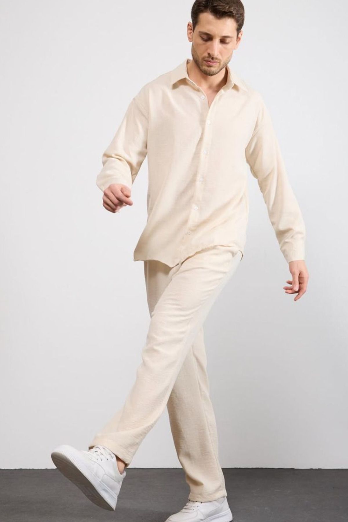 thesunfyre Erkek Keten Relaxed Fit Baggy Pantolon ve Uzun Kollu Oversize Gömlek Alt Üst Takım