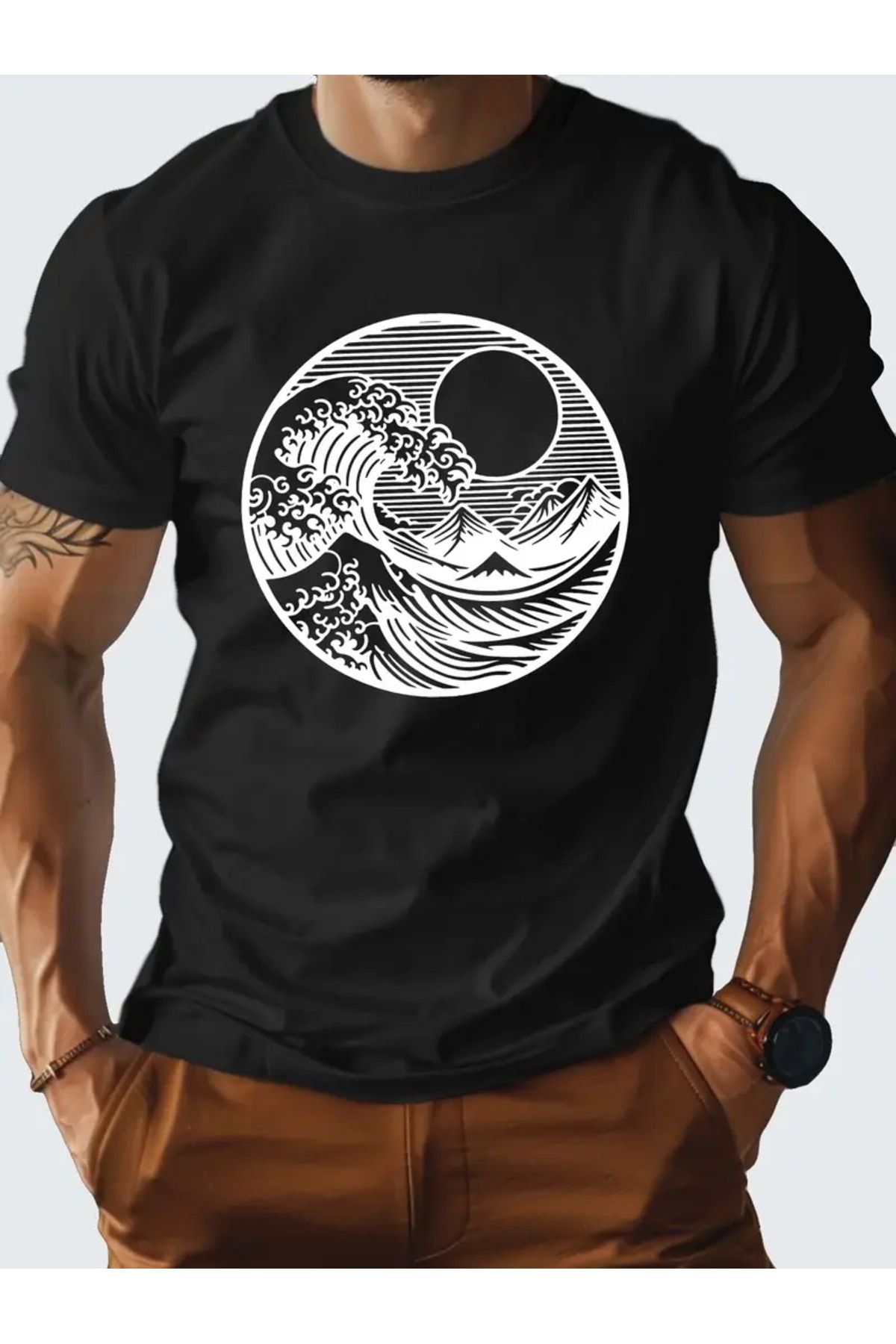 AEMİ Unisex Wave Sun Baskılı Oversize Bisiklet Yaka T-shirt
