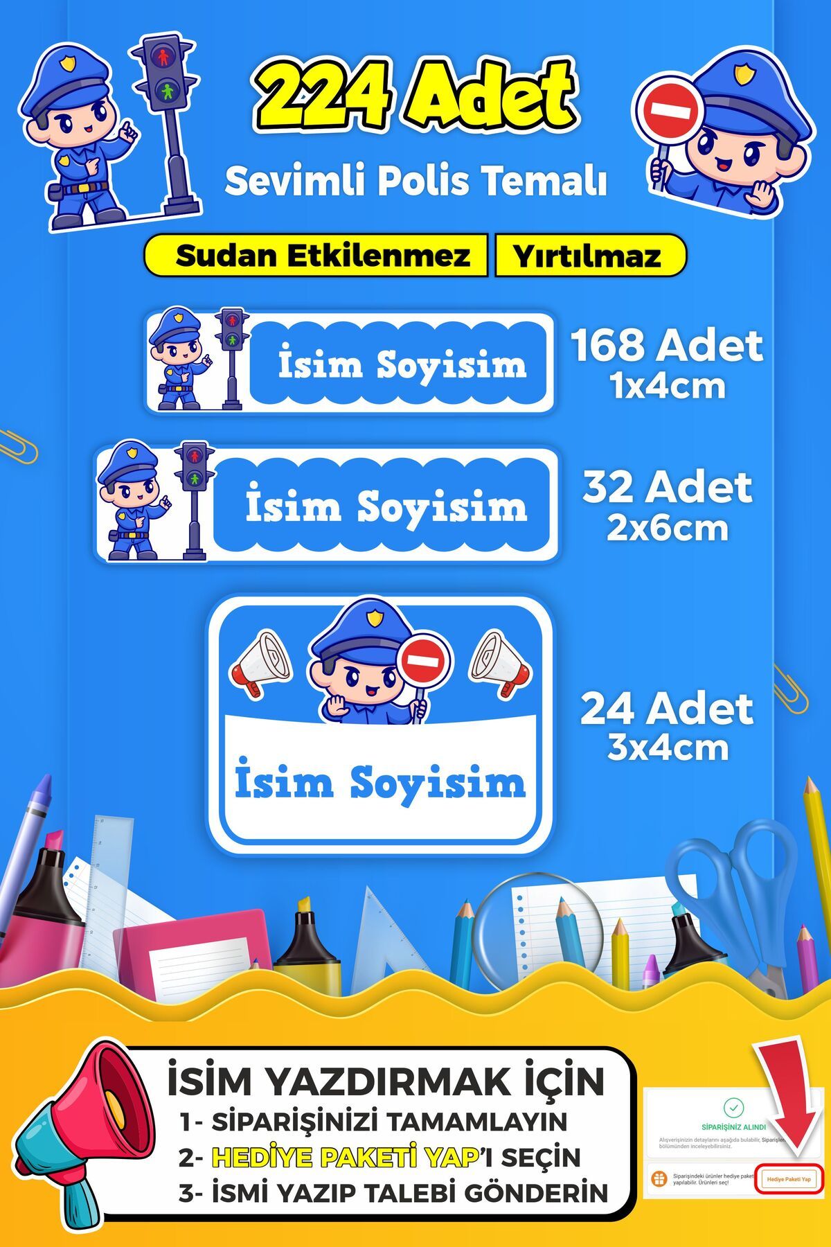 SB store Sevimli Polis Temalı Okul Kreş Kişiye Özel İsim Etiket Seti - Model 313
