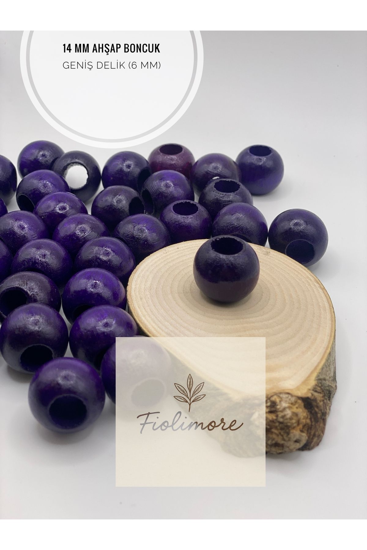 Fiolimore Mor Ahşap Boncuk 14 mm (50 Gram 60 Adet) Delik Çapı 6 mm Yuvarlak Tahta Renkli Boncuk Geniş Delik