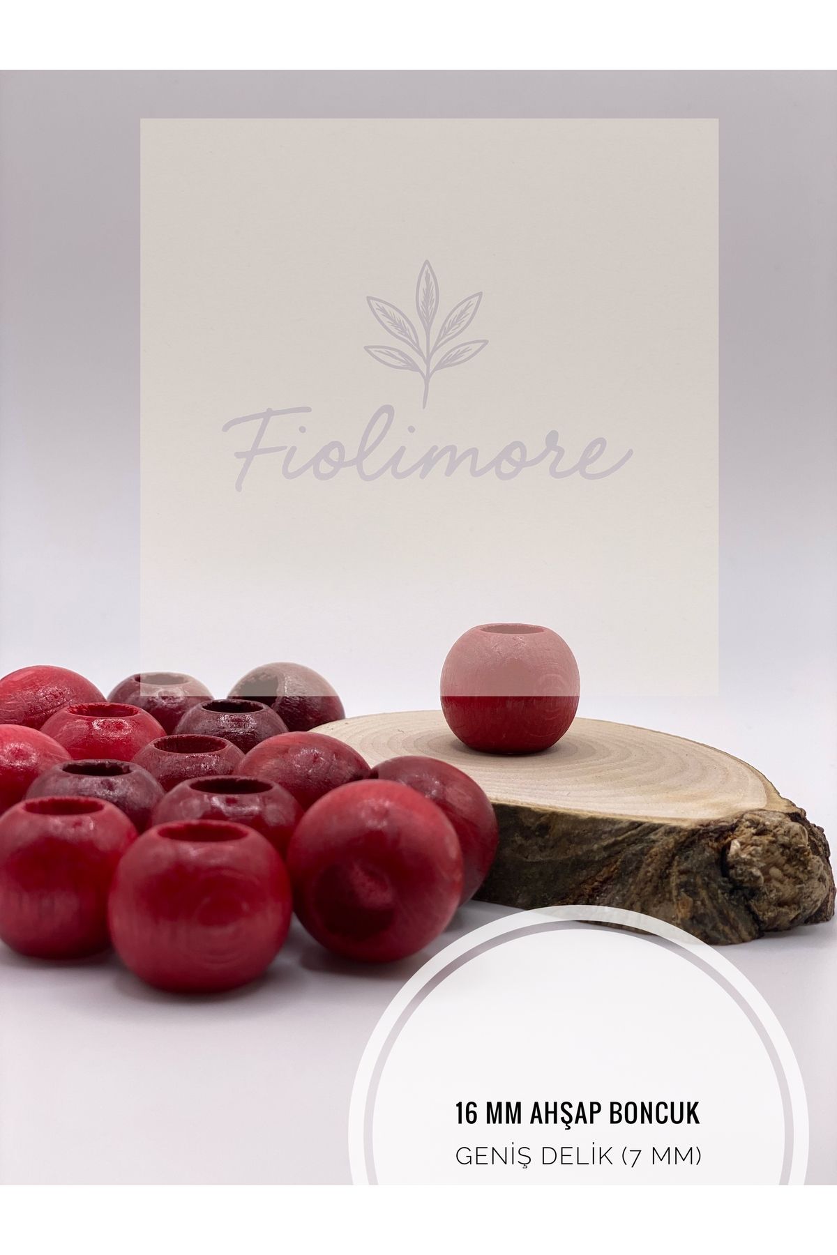 Fiolimore Kırmızı Ahşap Boncuk 16 mm (50 Gram 40 Adet) Delik Çapı 7 mm Yuvarlak Tahta Renkli Geniş Delik