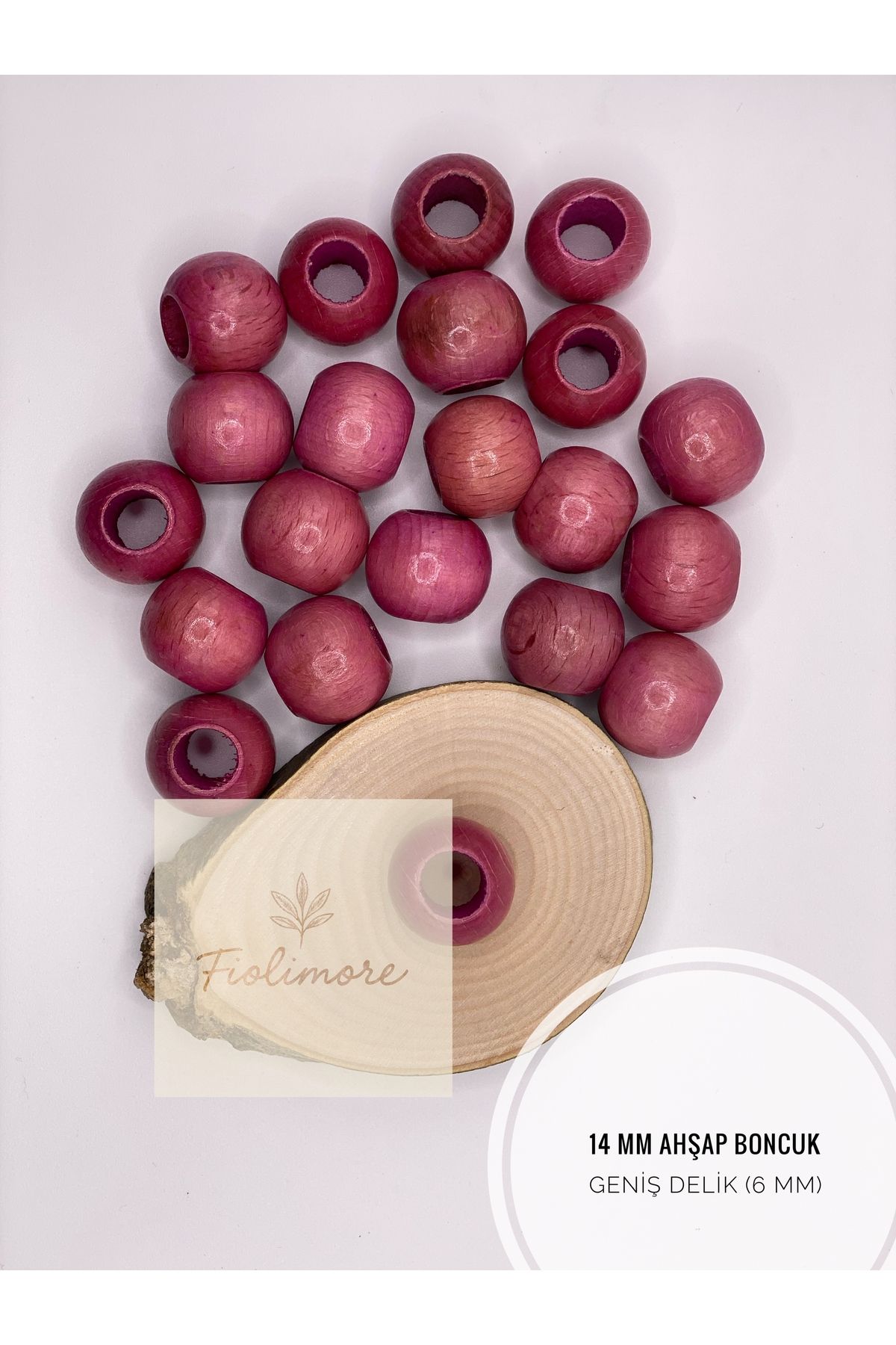 Fiolimore Pudra Pembe Ahşap Boncuk 14 mm (50 Gram 60 Adet) Delik Çapı 6 mm Yuvarlak Tahta Renkli Geniş Delik